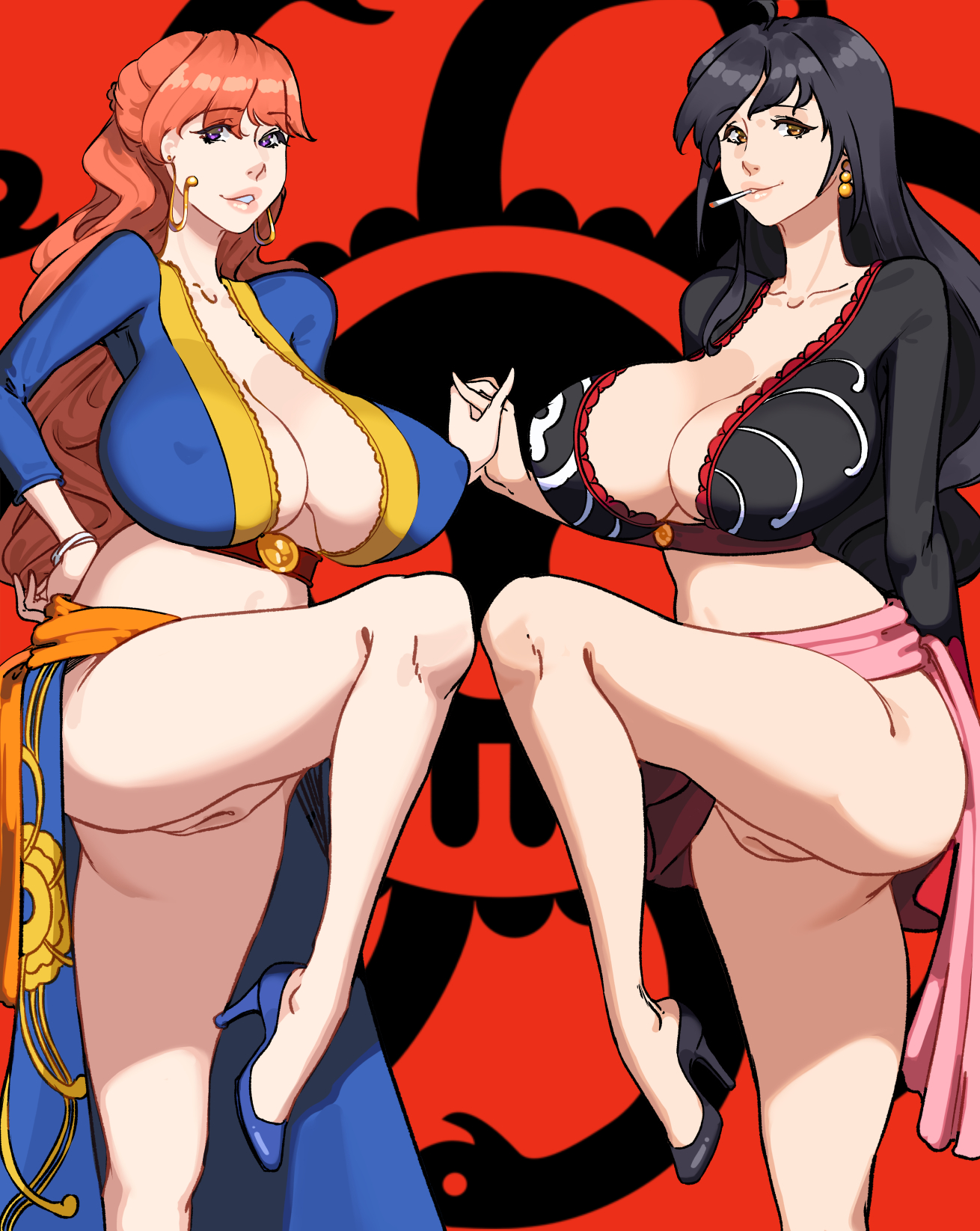 2girls, 47 hard, bare legs, bare thighs, big breasts, black hair, blue eyes, blush, breasts, cigarette, clothed, clothing, color, female, female focus, female only, gloriosa (one piece), hi res, inner sideboob, large breasts, light skin, light-skinned female, long hair, no bra, one piece, pink hair, pussy, sfw, shakuyaku, shounen jump, smoking, solo, solo female, sweat, tagme, thick thighs