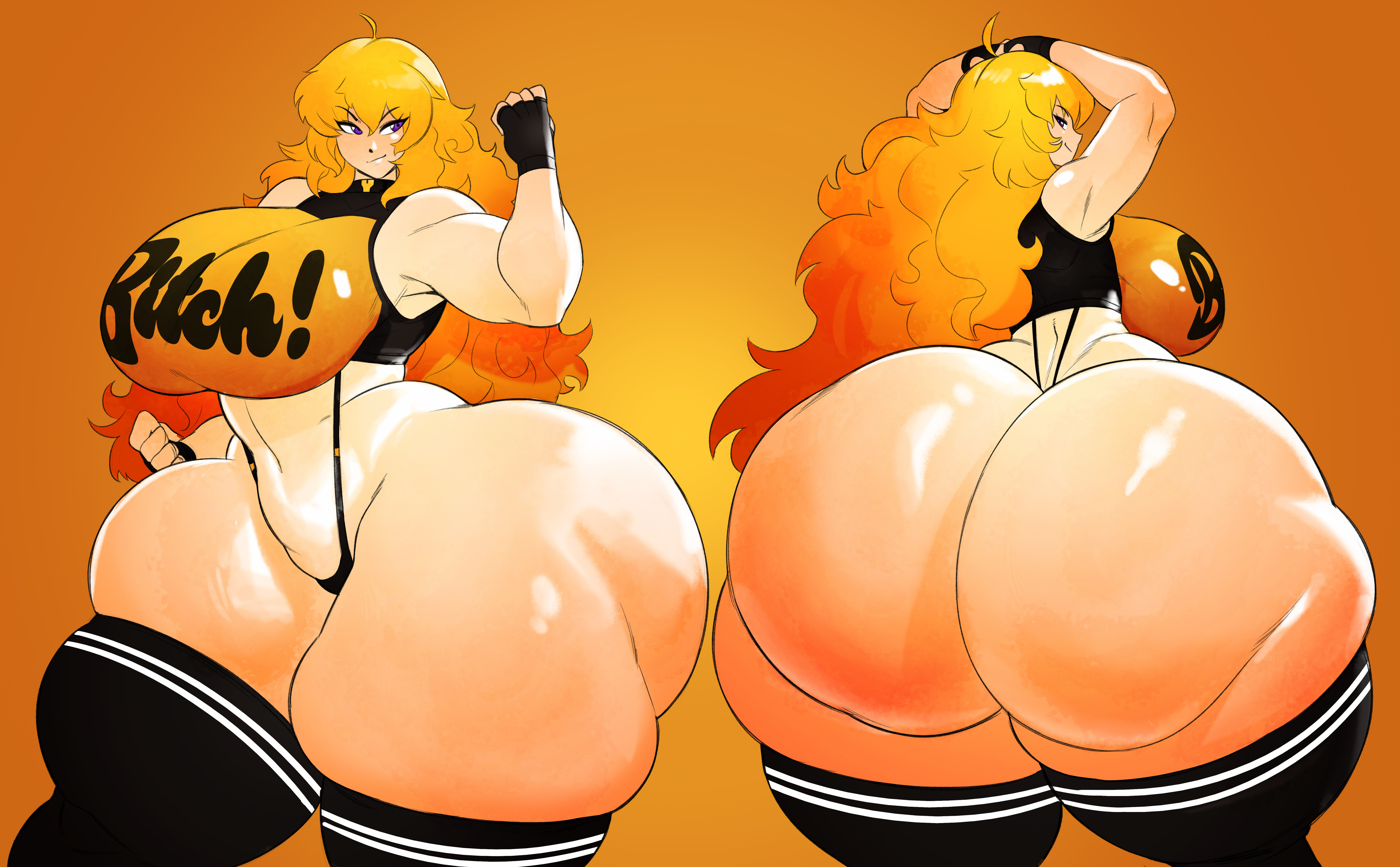 1girls, ass, ass bigger than head, big ass, big breasts, blonde hair, breasts, carmessi, colored, enormous ass, female, gigantic ass, hands behind head, huge ass, huge breasts, hyper ass, rwby, tagme, thick thighs, thunder thighs, yang xiao long