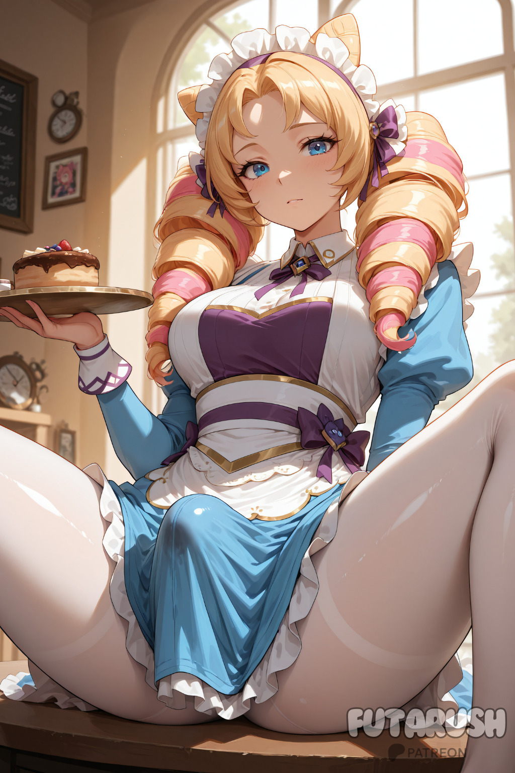 1futa, ai generated, apron, bangs, blonde hair, blue dress, blue eyes, blush, breasts, bulge, cafe cutie gwen, cafe cuties series, cake, dress, drill hair, erection, erection under clothes, food, futanari, futarush, gwen (league of legends), holding, indoors, intersex, juliet sleeves, large breasts, league of legends, long hair, long sleeves, looking at viewer, maid, maid headdress, multicolored hair, pantyhose, parted bangs, patreon, patreon username, pink hair, plate, puffy sleeves, riot games, sitting, solo, spread legs, sultryspark, twin drills, window