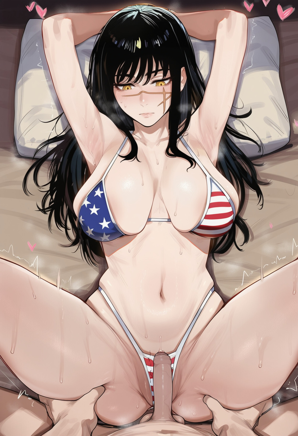 1boy, 1boy1girl, 1girls, ai generated, black hair, chainsaw man, cheating, cheating girlfriend, dark-skinned male, demon, demon girl, devil, devil girl, female, heroine, iceflower-art, interracial, koikatsufans, light-skinned female, male, ringed eyes, scar, scar on face, size difference, spiral eyes, straight, yoru (chainsaw man)