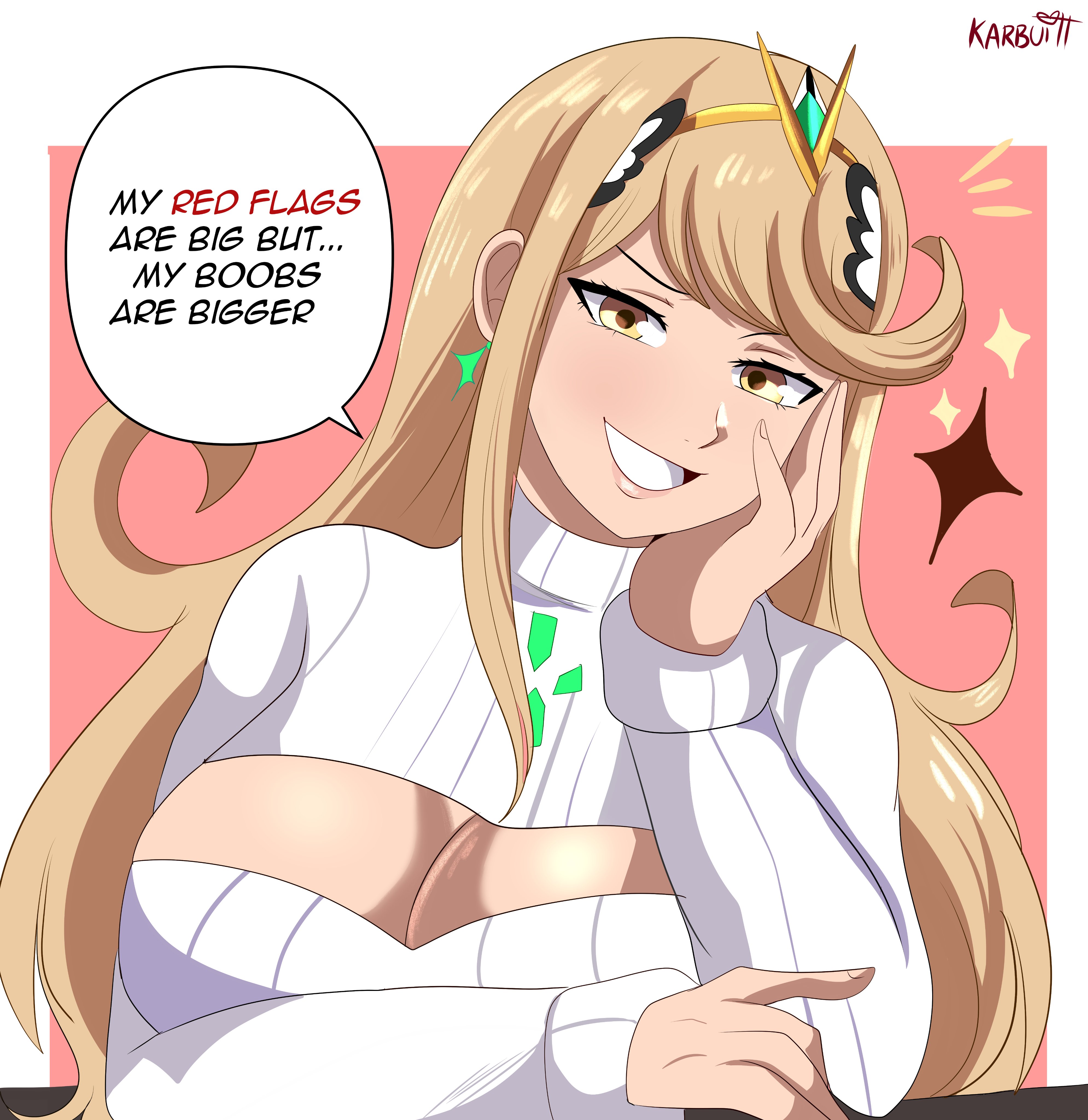 1girls, absurd res, absurd resolution, absurdres, accessory, big breasts, blonde hair, breast focus, breast window, breasts, breasts focus, busty, cleavage cutout, cleavage window, curvaceous, curvy, curvy female, curvy figure, dialogue, earring, earrings, english text, female, female focus, female only, hi res, high resolution, highres, huge breasts, jewelry, karbuitt, large breasts, light skin, light-skinned female, long hair, monolith soft, mythra, nintendo, simple background, smile, smiling, solo, solo female, solo focus, speech bubble, sweater, swept bangs, tagme, text, tiara, turtleneck, turtleneck sweater, voluptuous, voluptuous female, xenoblade (series), xenoblade chronicles 2, yellow eyes
