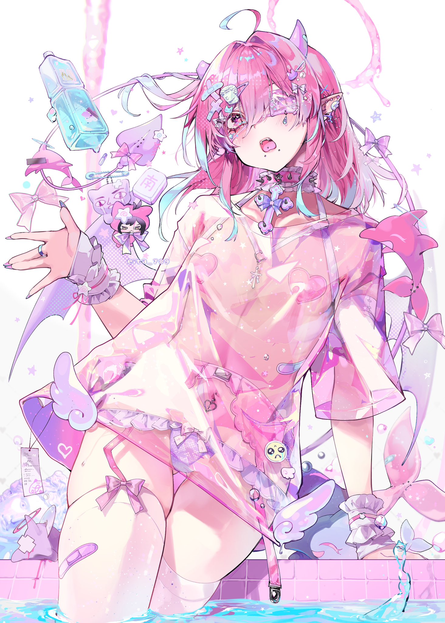 2d, ahoge, artist request, blue hair, breasts, choker, devil, earrings, femboy, footwear, heart, horns, huge thighs, male, male with breasts, nails, navel, oc, original character, pink, pink eyes, pink hair, ribbon, sitting, small breasts, star, swimsuit, thighs, transgender, transgender woman, water