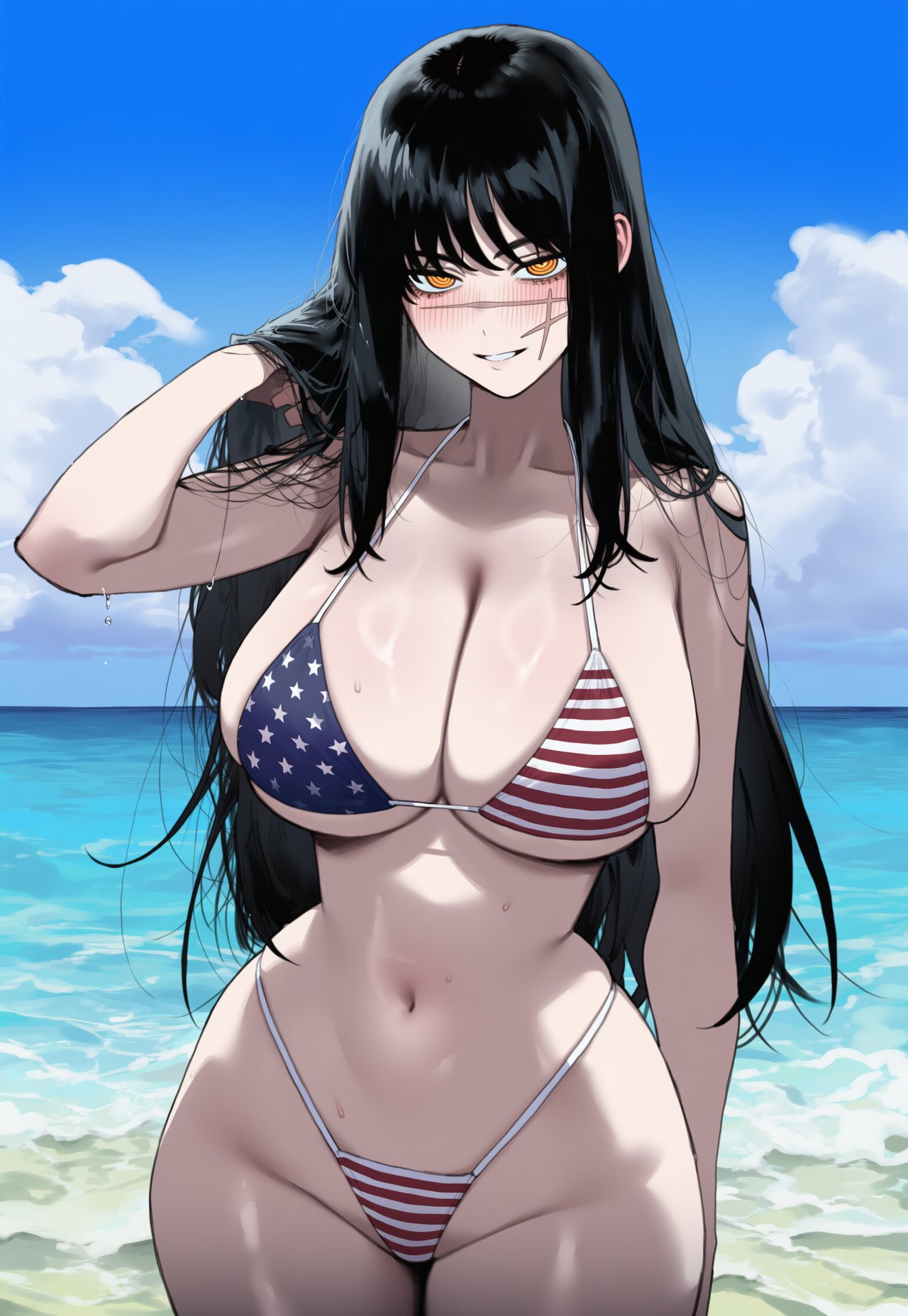 1girls, ai generated, american flag, american flag bikini, black hair, chainsaw man, demon, demon girl, devil, devil girl, female, heroine, japanese female, light-skinned female, mitaka asa, ringed eyes, scar, scar on face, spiral eyes, truck kun, truck-kun art, yoru (chainsaw man)