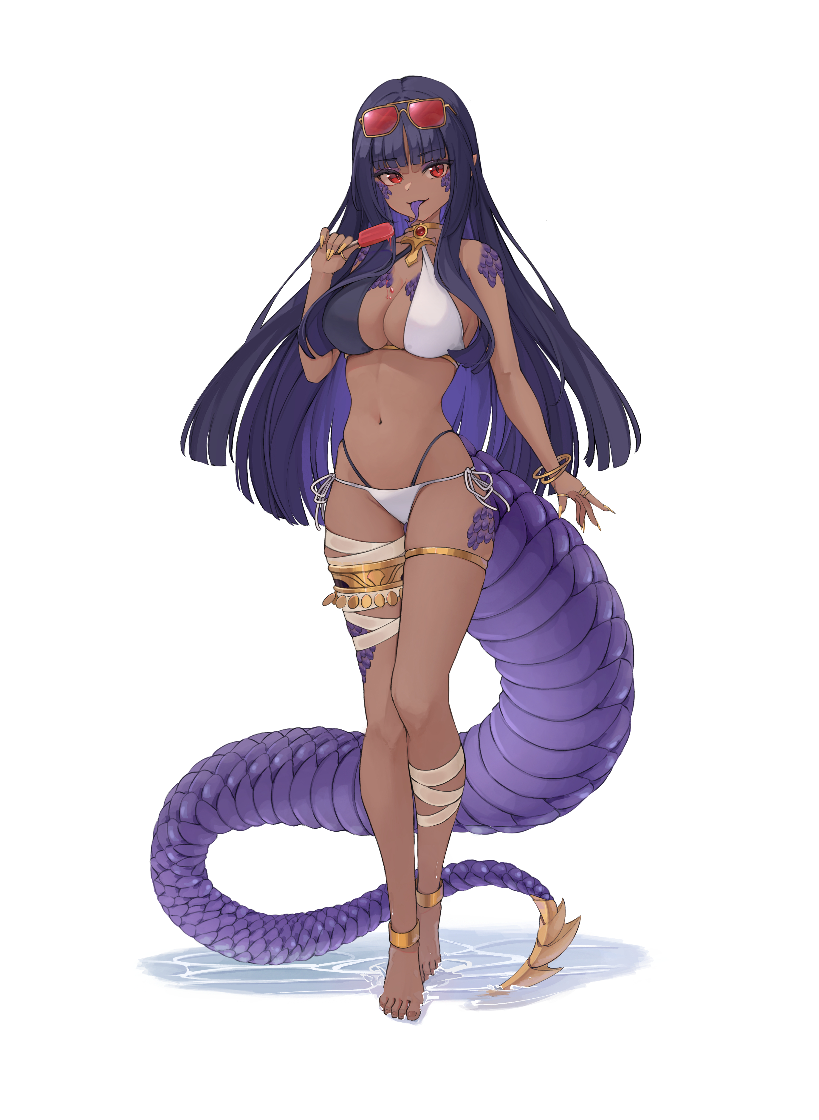 1girls, 2d, 2d (artwork), alternate costume, animal tail, belly button, bikini, bikini bottom, bikini top, bra, breasts, brown skin, brown-skinned female, covering, fanart, fanart from twitter, female, female focus, female only, front view, full body, golden nails, high resolution, highres, holding object, holding popsicle, hourglass figure, latam virtual youtuber, light skin, light-skinned female, long hair, long tongue, looking at viewer, mature, mature female, naya onuphyrus, nipples, popsicle, purple hair, purple tongue, red eyes, saino entertainment, sexy, shironagase, simple background, slim female, snake girl, snake tail, solo, solo female, solo focus, standing, standing in water, sunglasses, sunglasses on head, swimsuit, tail, thong, thong bikini, tongue, tongue out, two piece swimsuit, virtual youtuber, vtuber, vtuberfanart, water, white background