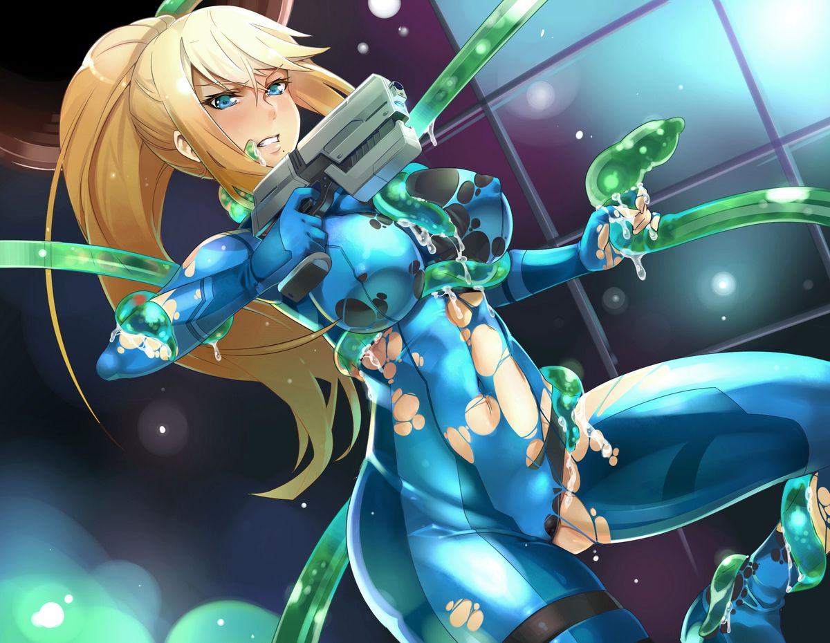 1girls, bangs, blonde hair, blue eyes, bodysuit, bondage, breast grab, breasts, captured, clothes, clothing, cum, defeated, dissolving clothes, female, game over, gun, helpless, impossible clothes, large breasts, long hair, metroid, molestation, nintendo, panties, ponytail, restrained, samus aran, skin tight, tentacles, tied hair, torn clothes, weapon, zero suit, zero suit samus