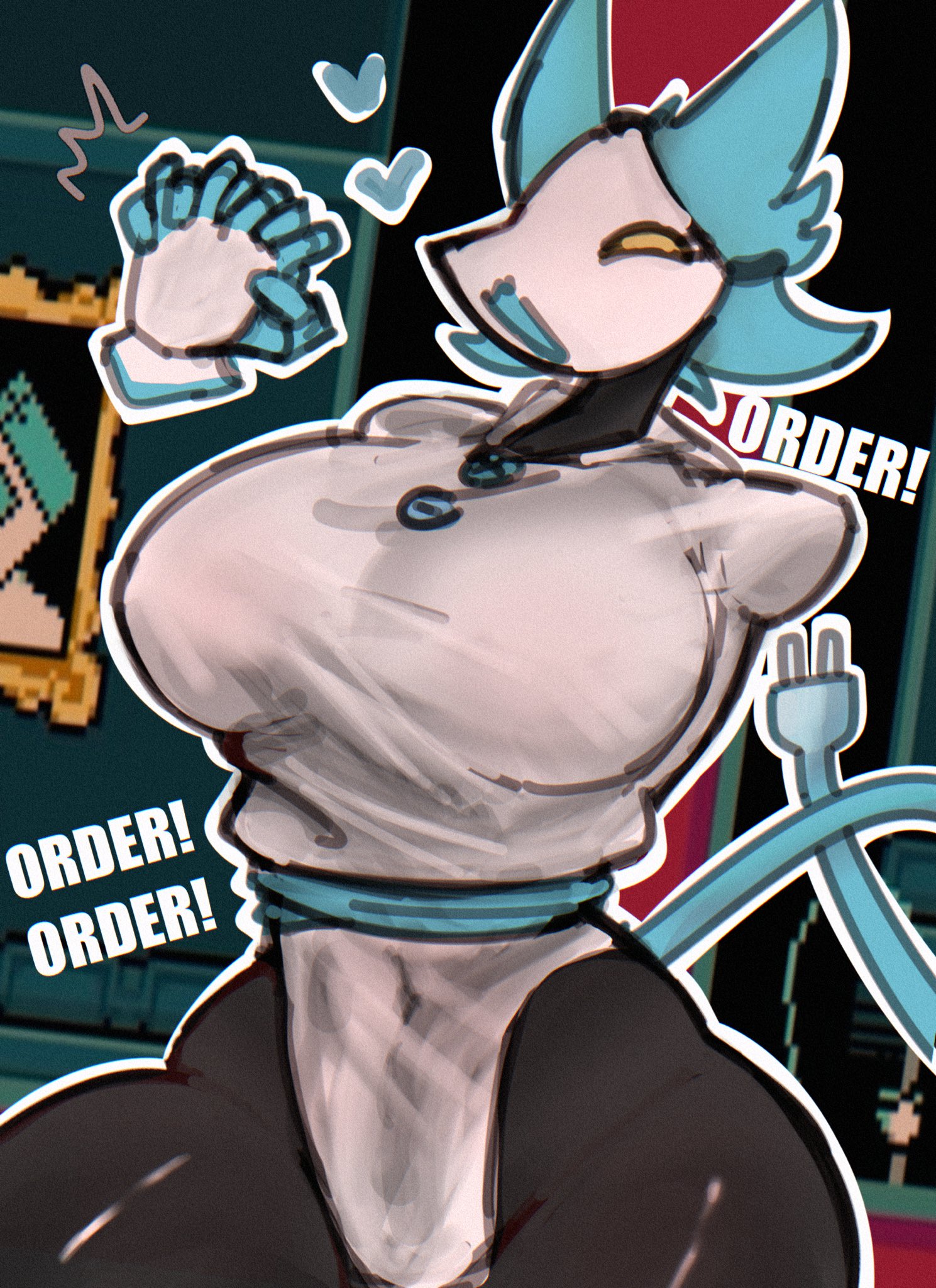 1girls, big breasts, black body, breasts, cat ears, cat girl, cat tail, catgirl, deltarune, deltarune chapter 2, dialogue, female, female only, heart, robot girl, solo, solo female, tasque manager (deltarune), text, thick thighs, thighs, yufishart