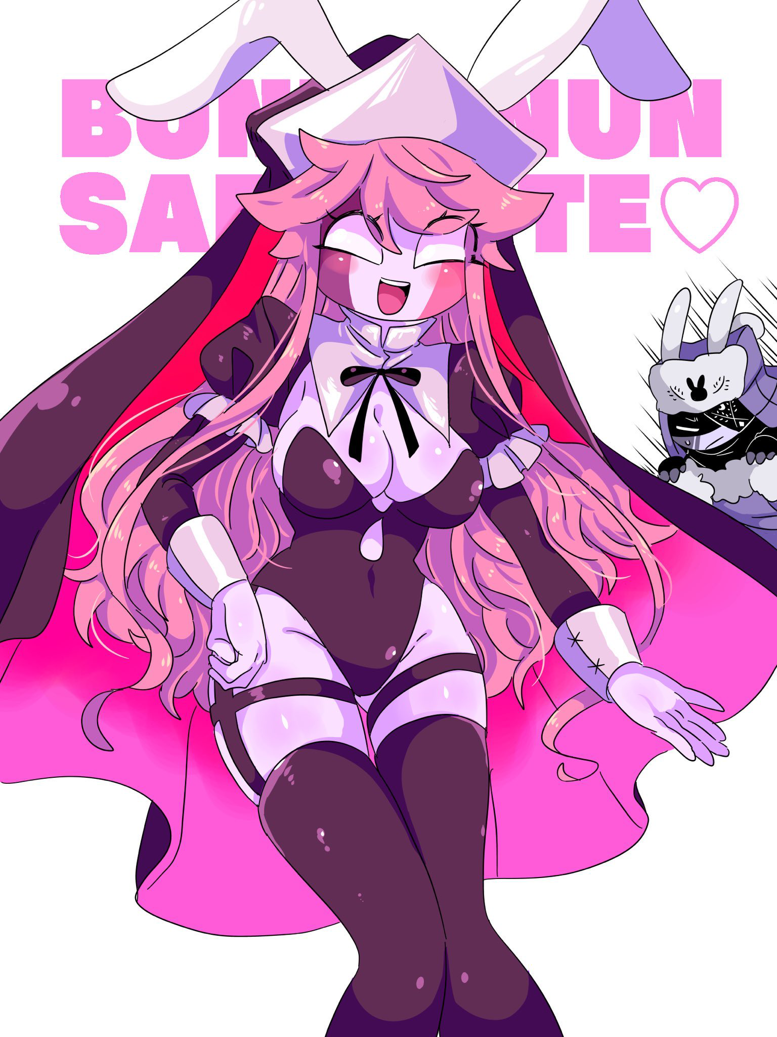 1boy, 1girls, big breasts, breasts, bunny ears, bunny girl, bunnysuit, female, footwear, friday night funkin, friday night funkin mod, hat, heart, huge breasts, huge thighs, long hair, male, mid fight masses, mid-fight masses, mid-fight masses (fnf mod), midfight masses, mkcomvftg123, pink hair, pink skin, rabbit ears, rabbit girl, ribbon, ruv (dokki.doodlez), sarvente (dokki.doodlez), sarvente (friday night funkin), text, thighs, white eyes