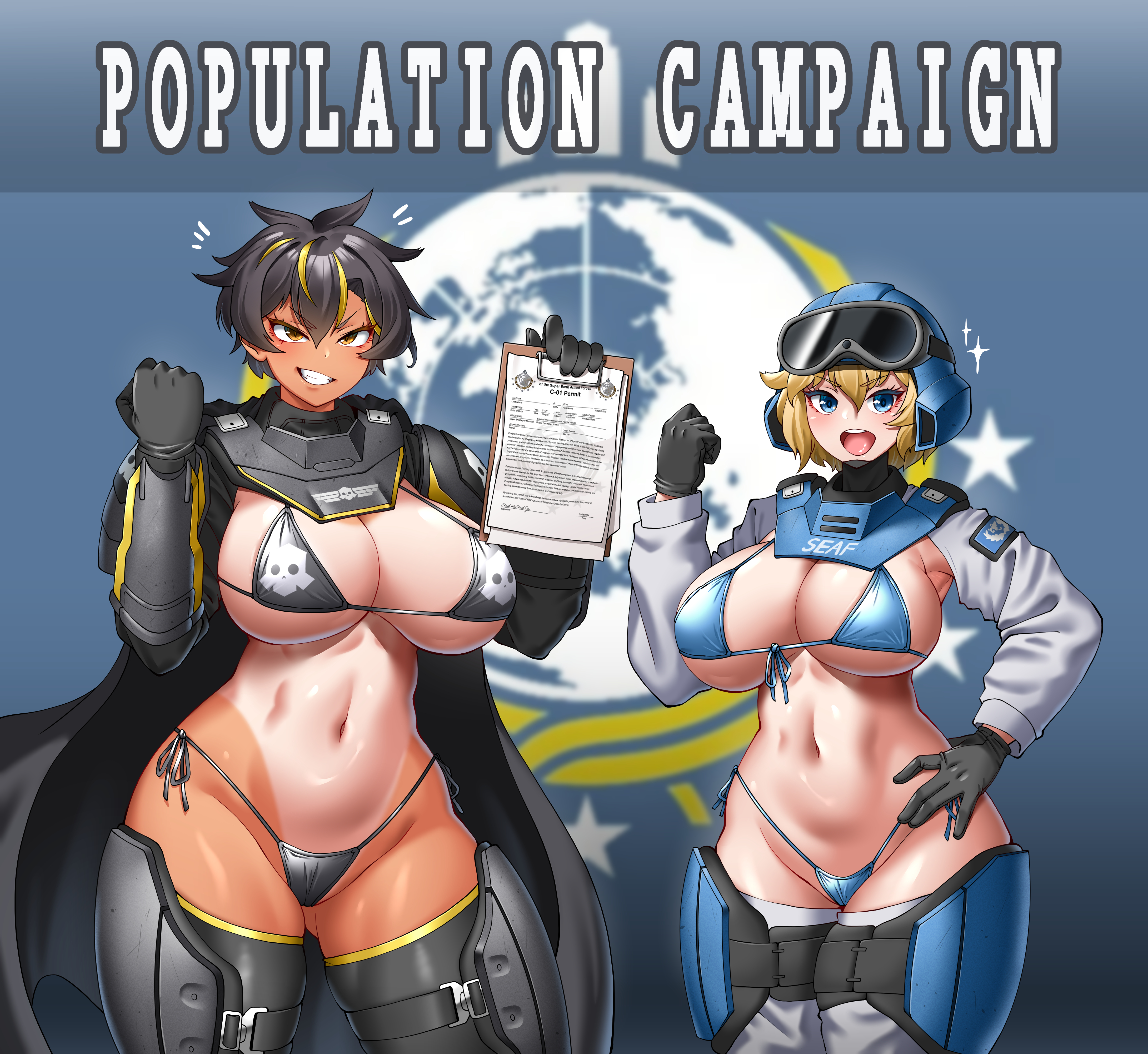 2girls, bewitching thighs, bikini, black bikini, black hair, breasts, c-01 permit, camouflage, female, grey hair, gun, helldiver (helldivers), helldivers, helldivers 2, hitch (hitch driessen/perotoss400/kirochef), huge ass, huge breasts, large ass, large breasts, military, military uniform, purple eyes, rokmc chan, sharp teeth, tanline, tanlines, tomboy, weapon, yellow eyes