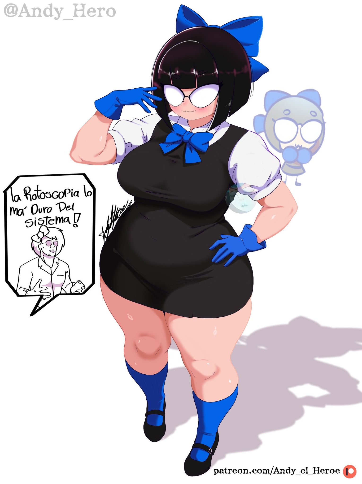 andy hero, big butt, big thighs, black hair, chubby, chubby female, commission, curvaceous, curvaceous female, curvaceous figure, curvy, curvy figure, curvy hips, female, female focus, female only, glasses, misi (the p-club), peru es clave, short hair, the p-club
