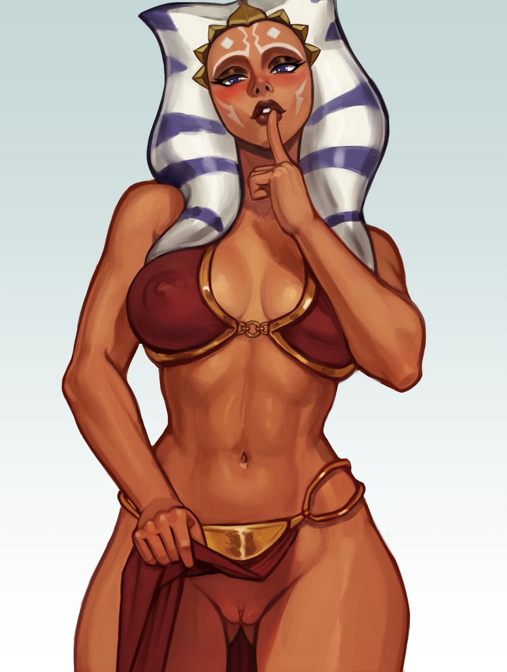 1girls, 2d, abs, aged up, ahsoka tano, akeowi, athletic, athletic female, bare legs, belly dancer, belly dancer outfit, bikini, bikini top, blue eyes, blush, breasts, chain leash, clone wars, color, embarrassed, erect nipples under clothes, female, female only, femsub, finger to mouth, fit, fit female, front view, genitals, gesture, harem girl, harem outfit, horn, jedi, large breasts, loincloth, loincloth aside, loincloth lift, mature, mature female, navel, nipples, nipples visible through clothing, no panties, orange skin, plain background, pose, pussy, shushing, slave, slave ahsoka, slave bikini, slave girl, slave leia (cosplay), slave outfit, solo, standing, star wars, star wars: ahsoka, submissive, submissive female, tagme, teasing, tentacle hair, togruta, white background