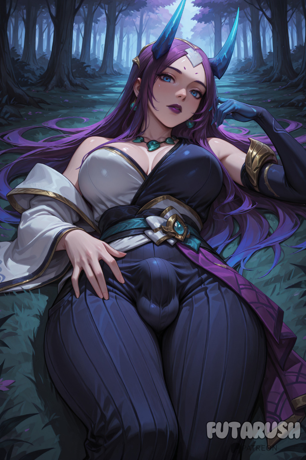 1futa, ai generated, ass, bare shoulders, blue eyes, breasts, bulge, curvaceous, curvaceous ass, curvaceous body, curvaceous figure, curvaceous futa, curvaceous hips, curvaceous thighs, curvy, curvy body, curvy figure, curvy hips, curvy thighs, detached sleeves, earrings, elbow gloves, forest, futa only, futanari, futarush, gloves, horns, intersex, irelia xan, jewelry, large breasts, league of legends, light-skinned futa, long hair, looking at viewer, lying, makeup, nature, necklace, on back, outdoors, patreon, patreon username, penis, purple hair, riot games, single glove, solo, spirit blossom irelia, sultryspark, thick, thick hips, thick legs, tree, waifu