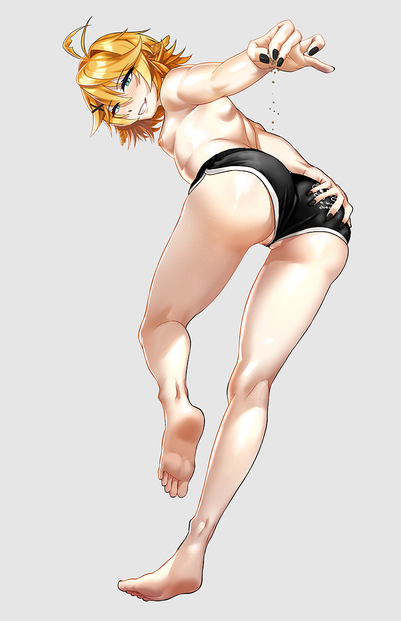 ass, barefoot, blonde hair, blue eyes, breasts, dokibird, dolphin shorts, feet, female, green eyes, indie virtual youtuber, nipples, painted nails, pussy, short hair, shorts, soles, studio poon, vagina, virtual youtuber