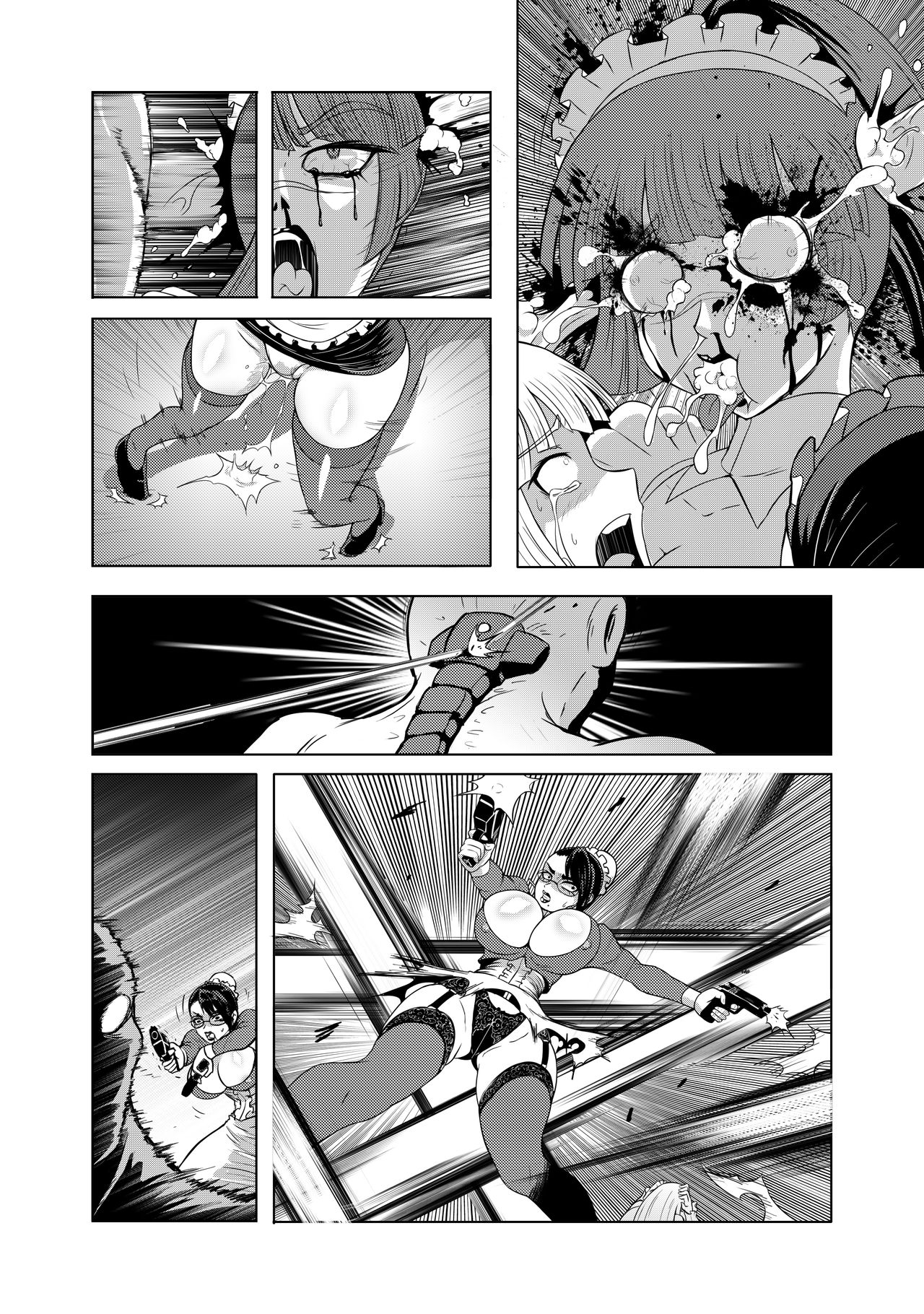 1boy, 3girls, beast anime, breasts, cleavage, comic, cum, cum out eyes, cum out mouth, cum out nose, death, fast, female, female death, glasses, gun, guro, human death, maid uniform, male, monochrome, penis, pussy, pussy ejaculation, pussy ejaculation through clothing, ripped clothing, shooting, skull fucking, straight, weapon, wet pussy