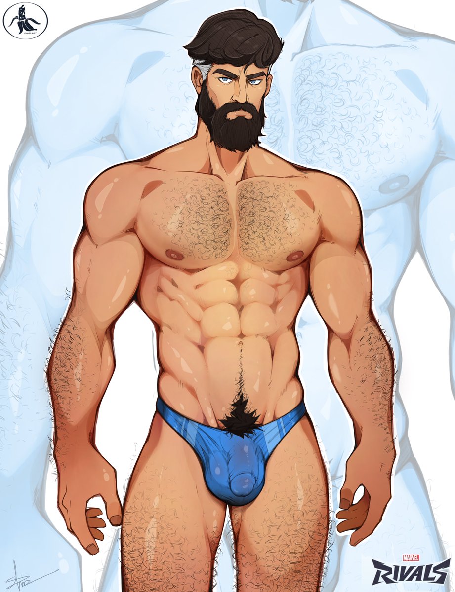 bara, beard, big pecs, blue eyes, bulge, chest hair, daddy, dilf, fantastic four, hairy, hairy chest, hairy male, hairy pubes, hot, male, male only, marvel, marvel comics, marvel rivals, mr fantastic, mr fantastic (marvel rivals), muscular, muscular male, reed richards, reed richards (marvel rivals), solo, solo focus, solo male, thong, yaoi, yasei art
