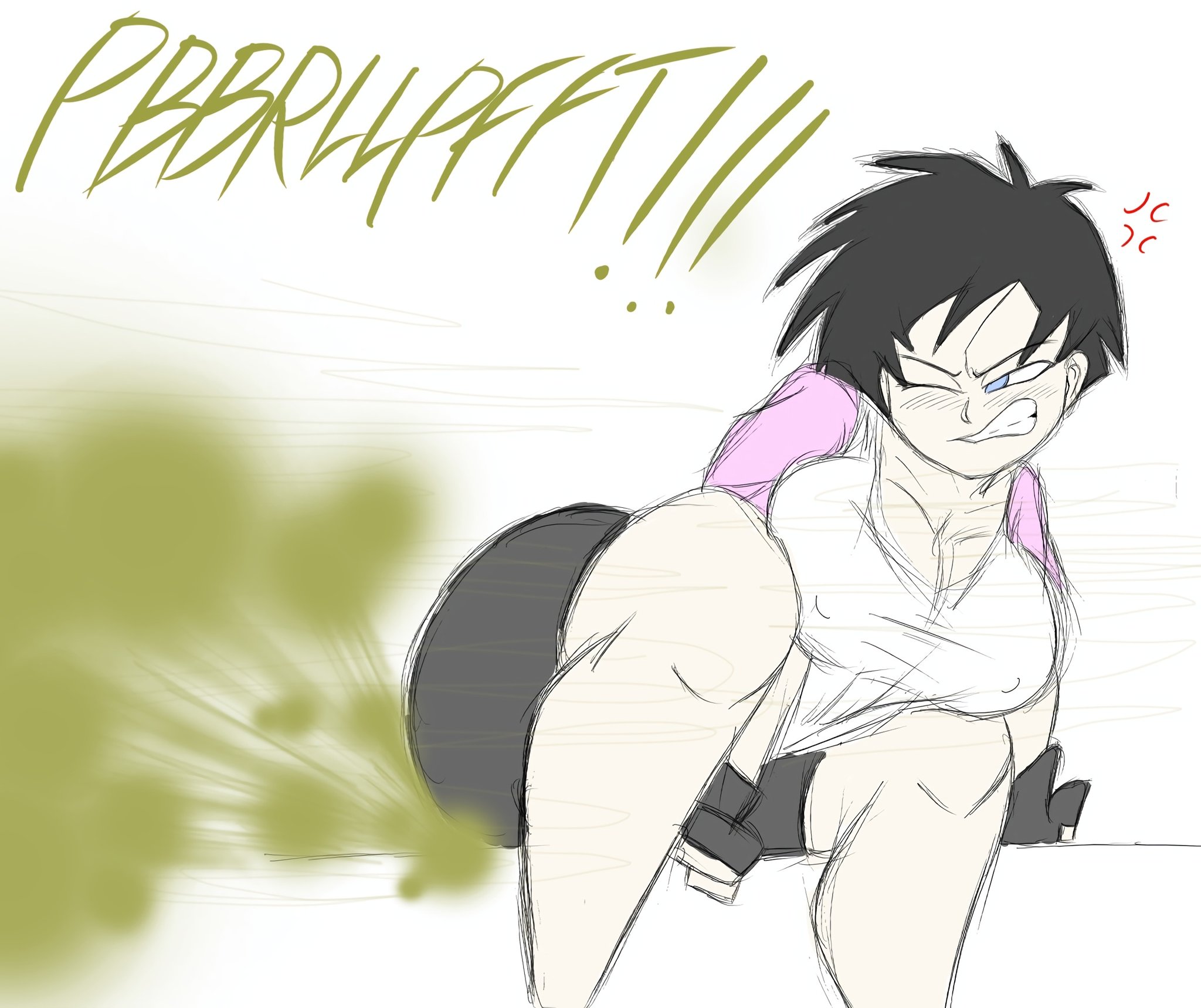 1girls, angry, angry expression, angry face, athletic, athletic female, big ass, big breasts, big butt, breasts, clothed, dragon ball, dragon ball z, fart, fart cloud, fart fetish, farting, female, huge ass, huge breasts, huge butt, huge fart, nightmaresfd, onomatopoeia, simple background, solo, strong, strong female, tomboy, videl, videl (majin buu saga), videl (short hair)