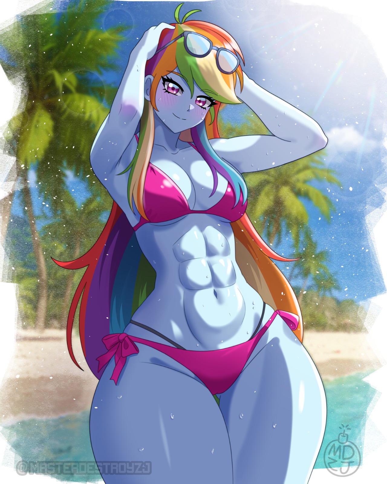abs, ass, beach, big ass, big breasts, big butt, big thighs, big titties, blue body, breasts, curvaceous, curvaceous female, curvaceous figure, curvy, curvy figure, curvy hips, equestria girls, female, female focus, female only, fit, fit female, long hair, looking at viewer, masterdestroyzj, multicolored hair, my little pony, purple eyes, rainbow dash (eg), rainbow dash (mlp), toned, toned abs, toned female, twitter link