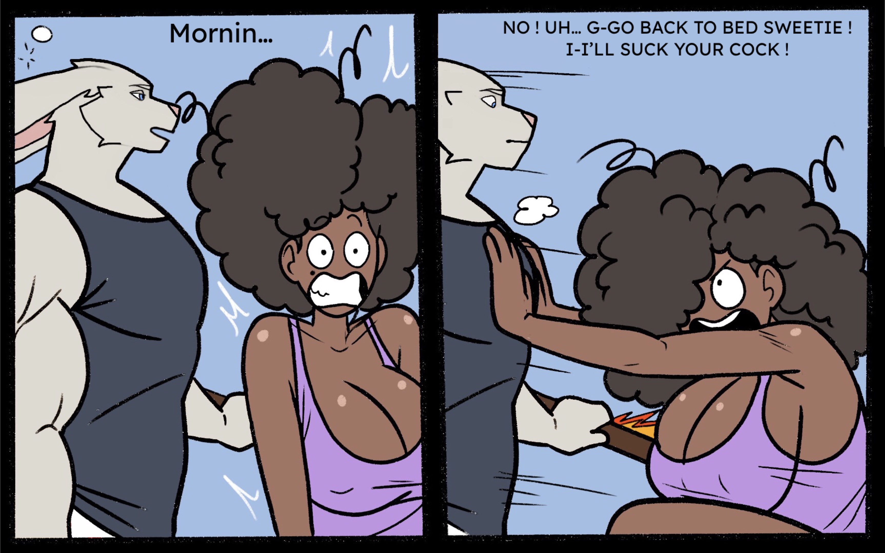 1boy, 1girls, african female, afro, andrew (casloafy), big boobs, big breasts, breasts, busty, busty female, dark-skinned female, female, husband, husband and wife, male, male/female, married couple, one eye covered, one eye visible, pushing, pushing away, surprised, surprised expression, tank top, theresa williams (wappah), wappah, wife, wife and husband