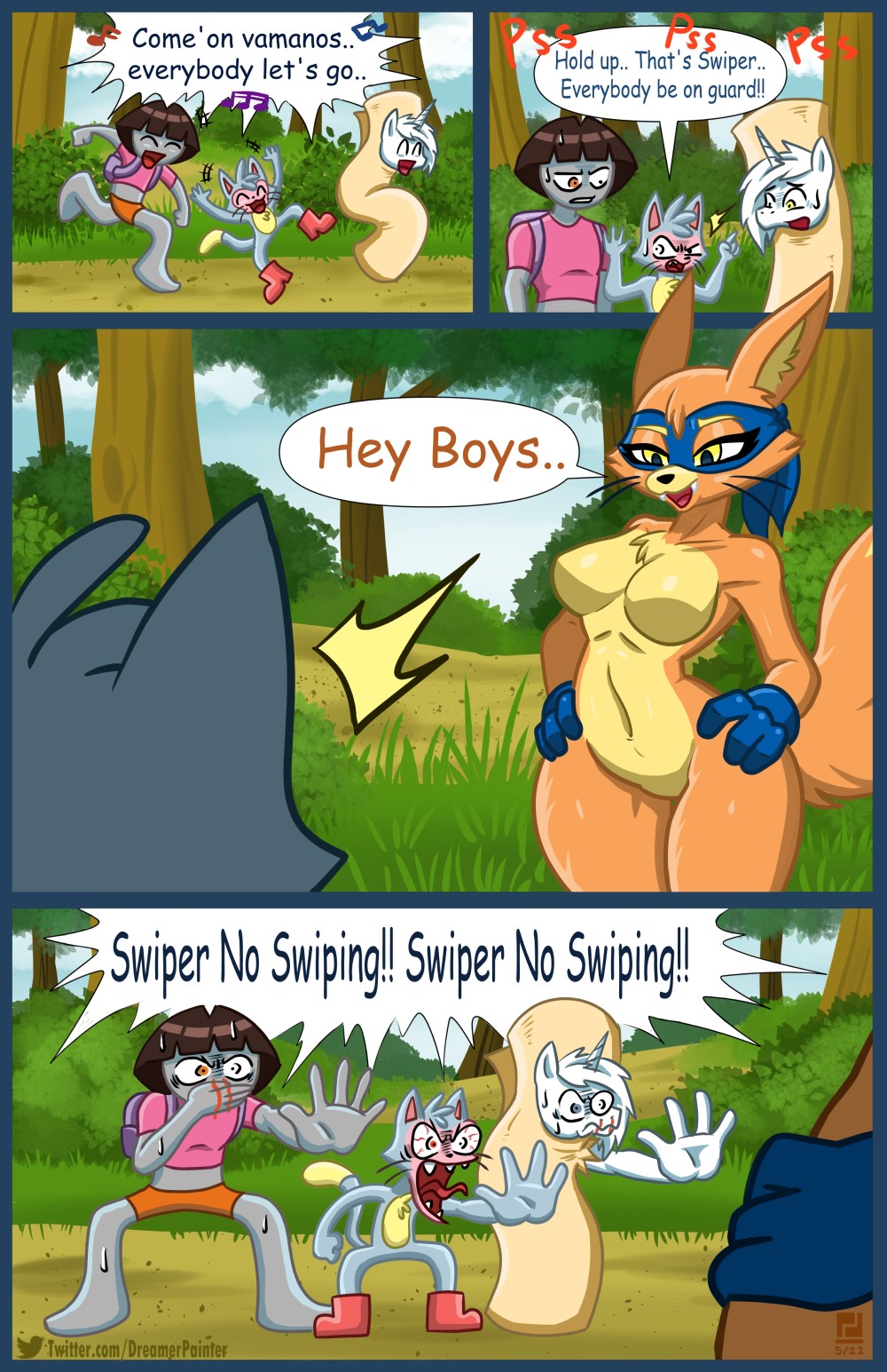 big ass, big breasts, boots the monkey, breasts, comic, dora the explorer, female, painterdreamer, swiper, swiper (dora the explorer)