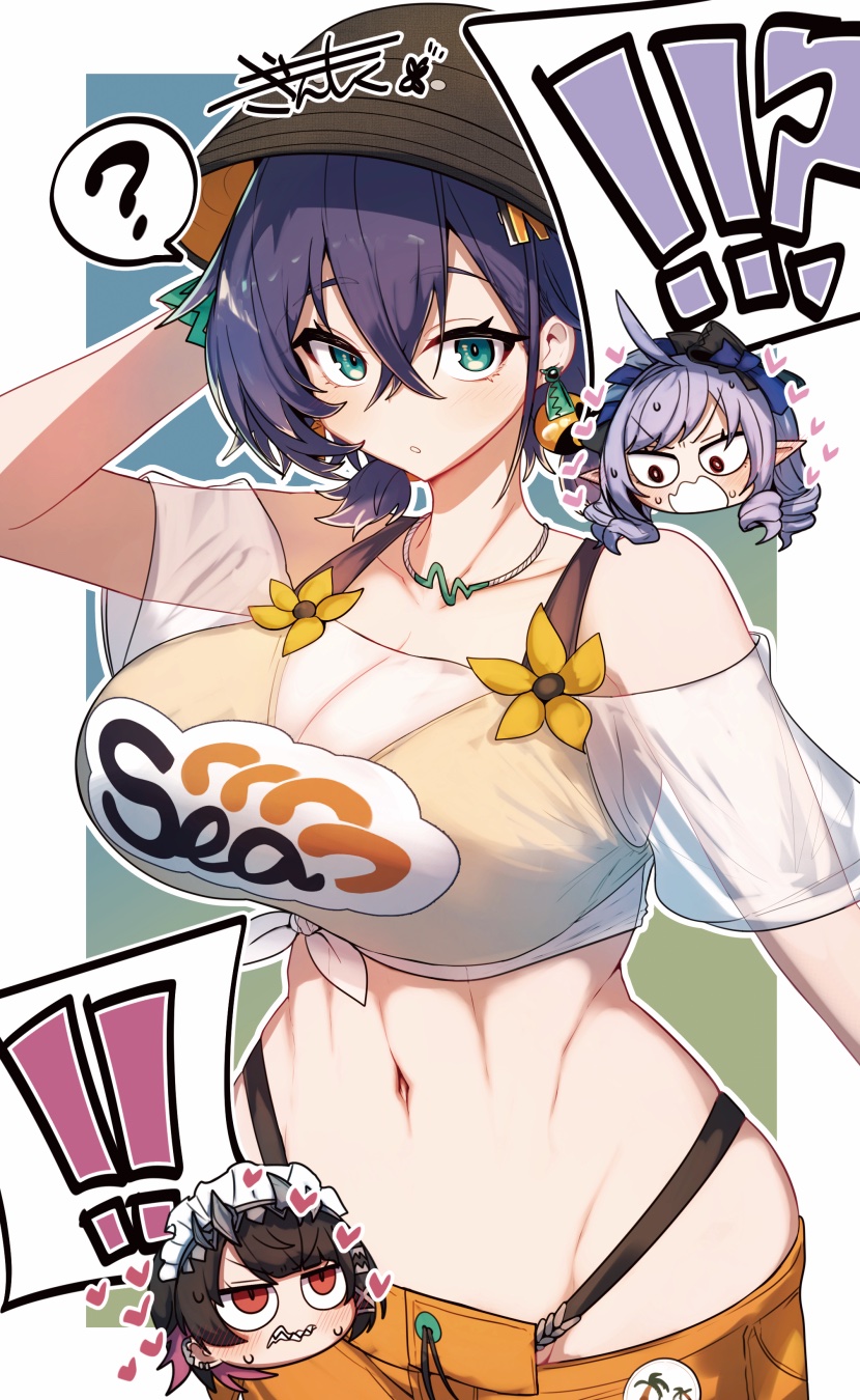 !?, ?, 3girls, ahoge, aqua eyes, arm behind head, belle (summer skies) (zenless zone zero), belle (zenless zone zero), black hair, blush, breasts, bucket hat, clothes writing, collarbone, earrings, ellen joe, female, flower, gin moku, hair between eyes, hat, heart, highres, hoyoverse, jewelry, large breasts, lesbian thoughts, mihoyo, multiple females, multiple girls, navel, necklace, official alternate costume, pointy ears, red eyes, see-through cleavage, see-through clothes, see-through shirt, sharp teeth, shirt, spoken question mark, stomach, sweat, teeth, tied shirt, vivian (zenless zone zero), vivian banshee, yellow flower, yuri, zenless zone zero