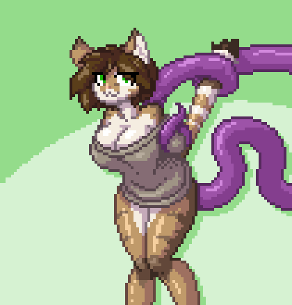 2019, ambiguous penetration, animated, anthro, big breasts, breasts, cleavage, clothed, clothing, feline, female, female focus, female only, furry, gif, hair, helia peppercats, helia peppercats (wrinklynewt), limebreaker, looking at viewer, mammal, original, original character, penetration, pixel art, smile, solo, stomach bulge, sweater, tentacle