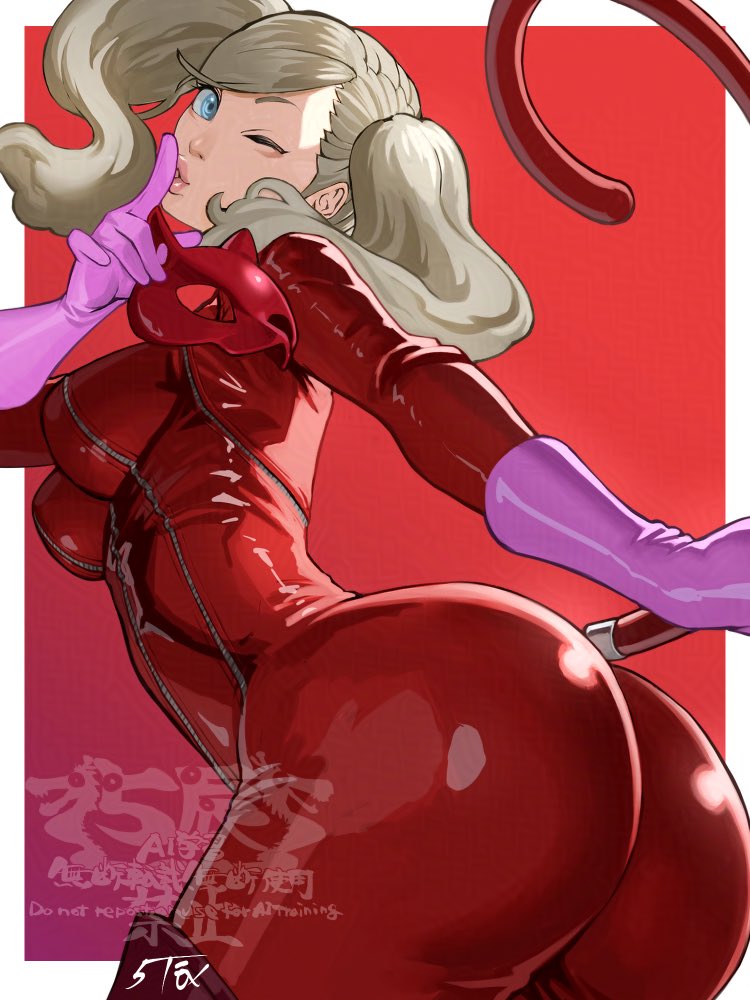 1girls, 5tatsu, ann takamaki, ann takamaki (panther), artist name, ass, blonde hair, blue eyes, bodysuit, boots, border, breasts, cat tail, female, female only, gloves, latex, long hair, mask, medium breasts, one eye closed, panther (persona 5), persona, persona 5, phantom thief suit, pink gloves, red background, red bodysuit, solo, swept bangs, tail, thigh boots, twintails, unworn mask, white border