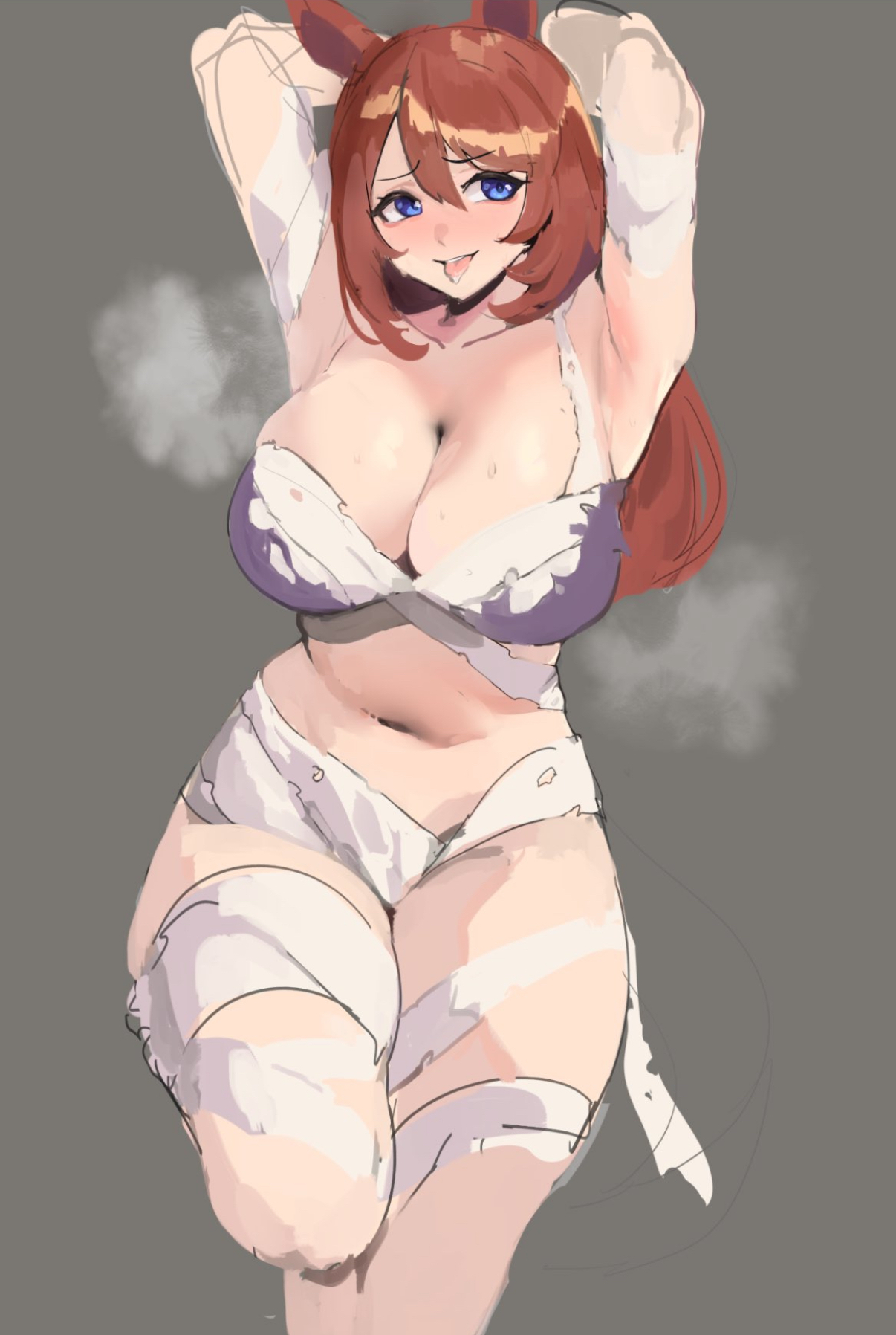 armpits, arms behind head, arms up, bandage, belly, blue eyes, brown hair, cleavage, hourglass figure, navel, slightly chubby, solo, super creek (chiffon-wrapped mummy) (umamusume), super creek (umamusume), thick thighs, tongue, tongue out, umamusume, yotahen