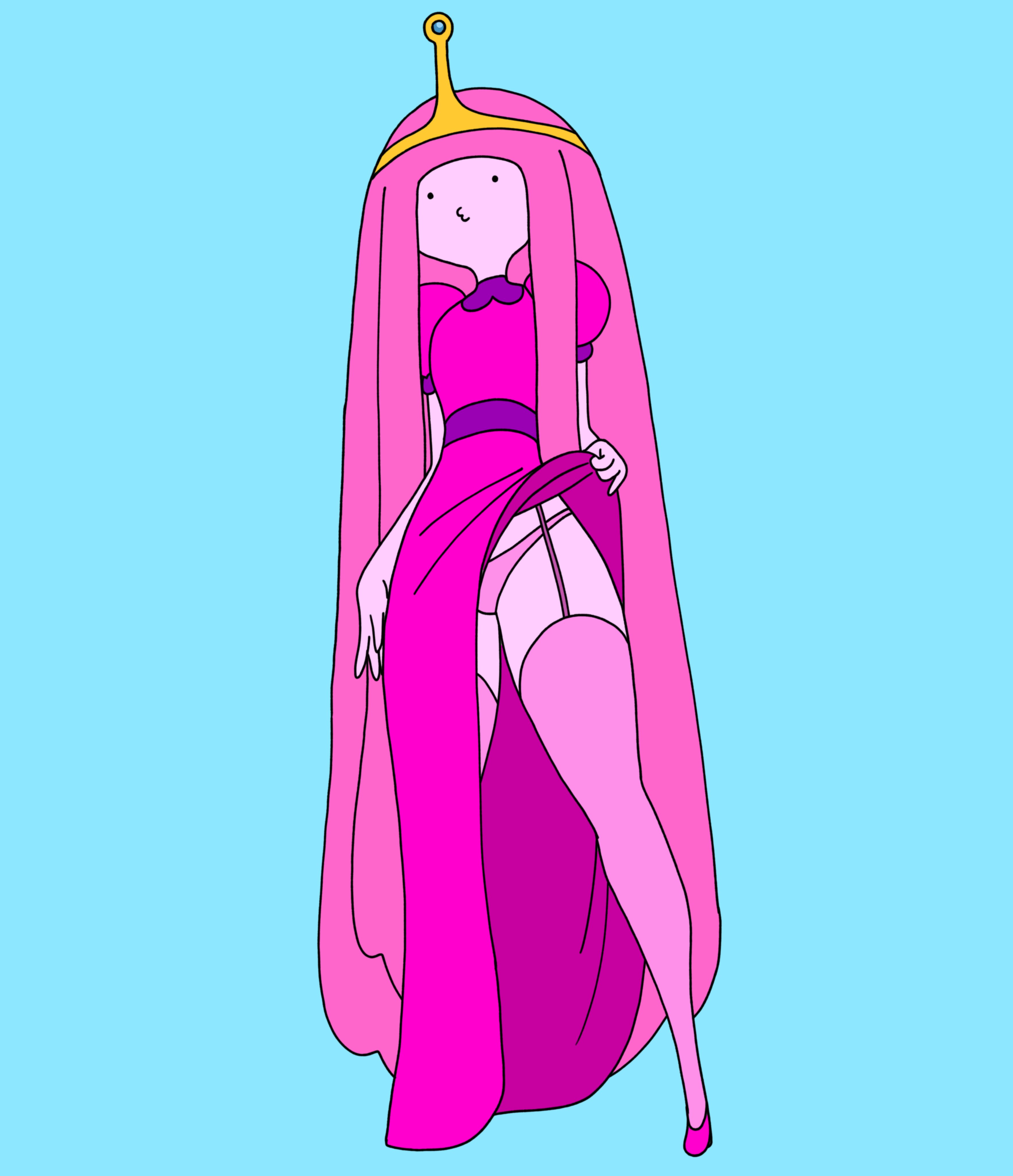 :v, 1girls, accurate art style, adventure time, bonnibel bubblegum, candy girl, candy humanoid, crown, dress, female, flashing, flashing panties, full body, garter belt, garter straps, inker comics, inkershike, panchira, panties, pantsu, pink body, pink hair, pink skin, princess bubblegum, puckered lips, stockings, tagme, v