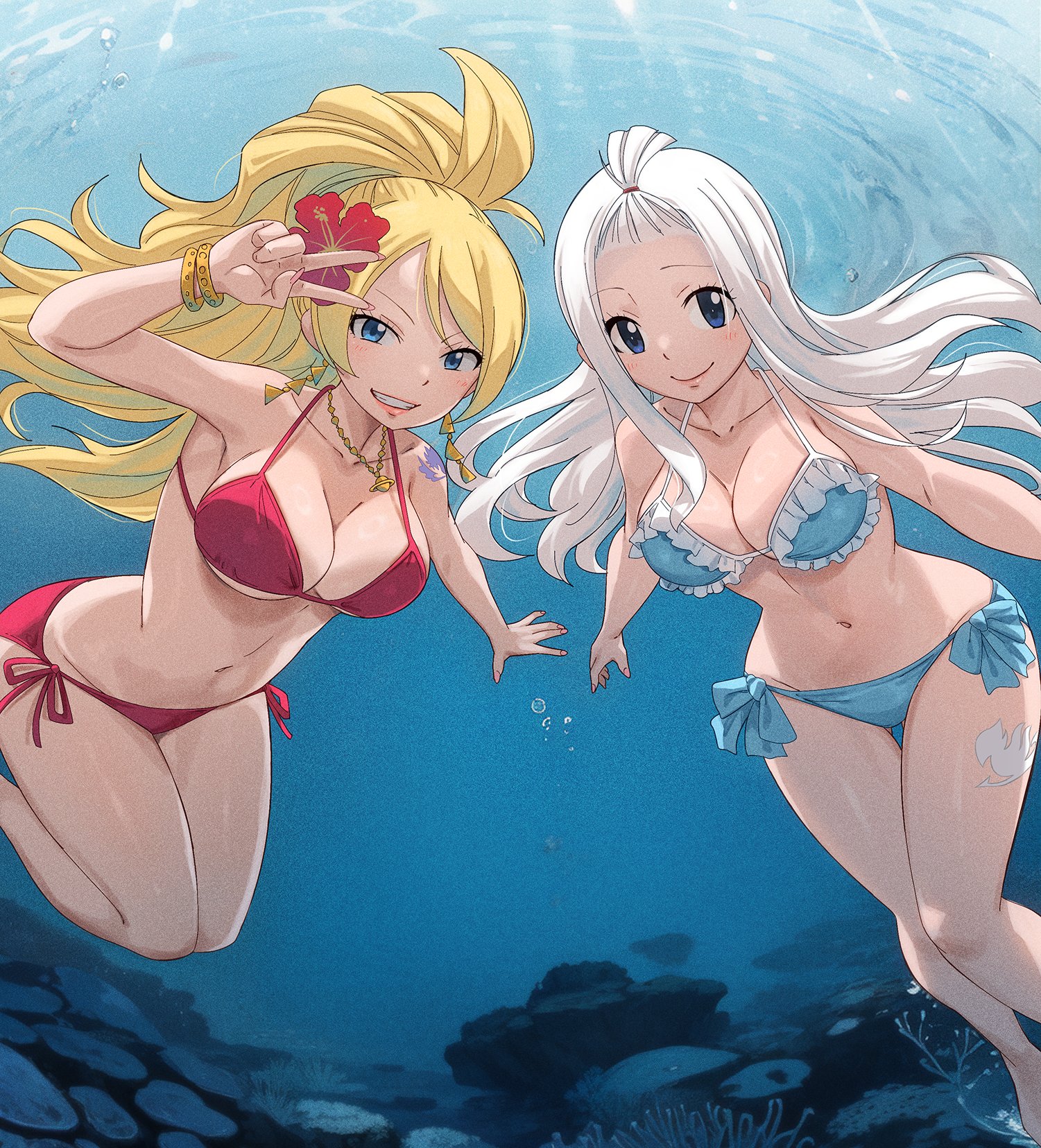2girls, bikini, blonde hair, blonde-haired female, blue eyes, blue pegasus mark, blue tattoo, blush, breasts, cleavage, fairy tail, fairy tail mark, female, female only, flower in hair, gaston18, jenny realight, large breasts, leg tattoo, linea alba, long hair, looking at viewer, mirajane strauss, ocean, shoulder tattoo, swimming, tattoo, underwater, v sign, water, white hair, white tattoo, white-haired female
