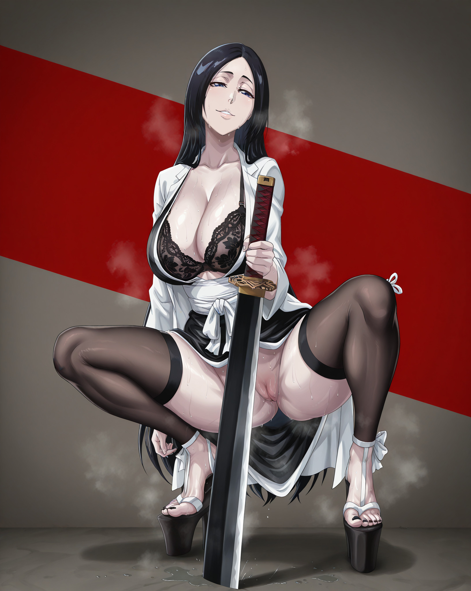 ai generated, black bra, black toenails, bleach, bleach: the thousand-year blood war, breasts, ca1nhurst, dominant female, female, half-closed eyes, high heels, holding sword, holding weapon, kimono, large breasts, long hair, naked pussy, pussy, smile, squatting, steam, steaming body, sweat, sweatdrop, toenail polish, unohana retsu, wide hips