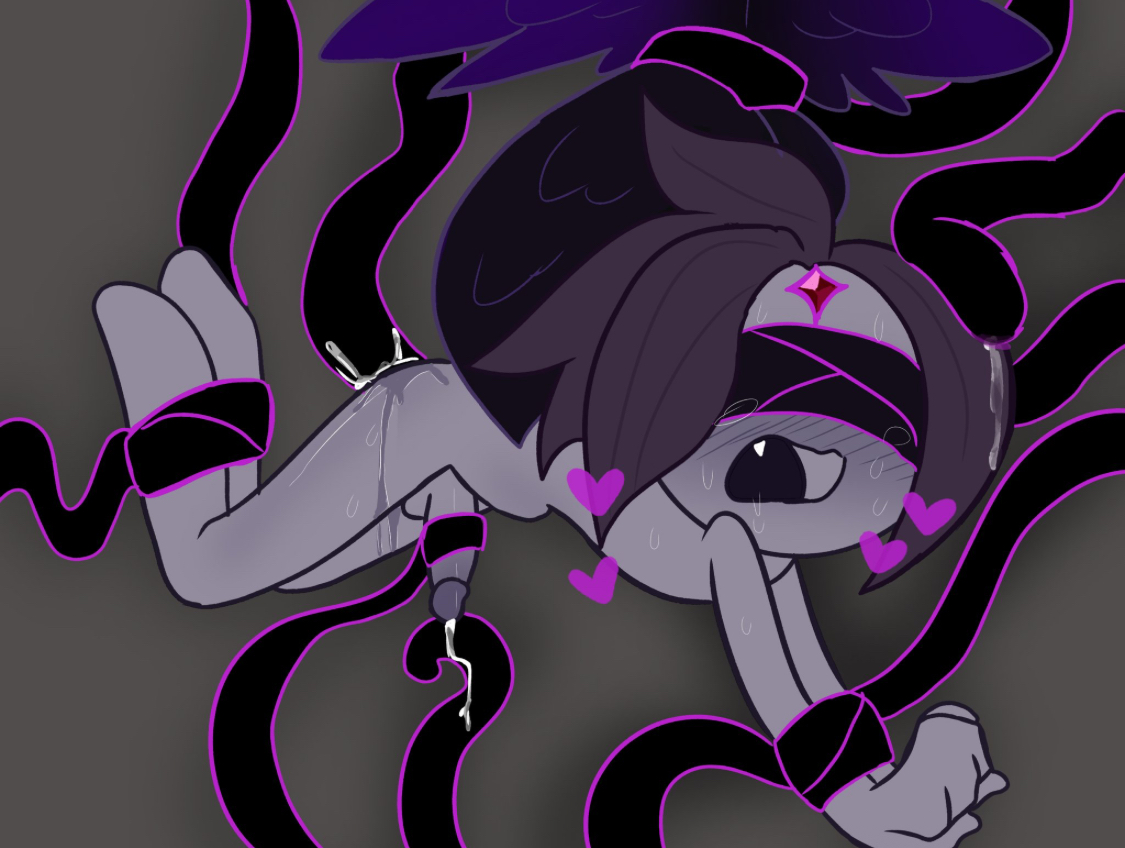 anal sex, blindfolded, blush, cookie run, cookie run ovenbreak, cum, grey background, male, male only, night raven cookie, penis, purple hair, sodastik, sweat, tentacle, tentacle sex, wind archer cookie