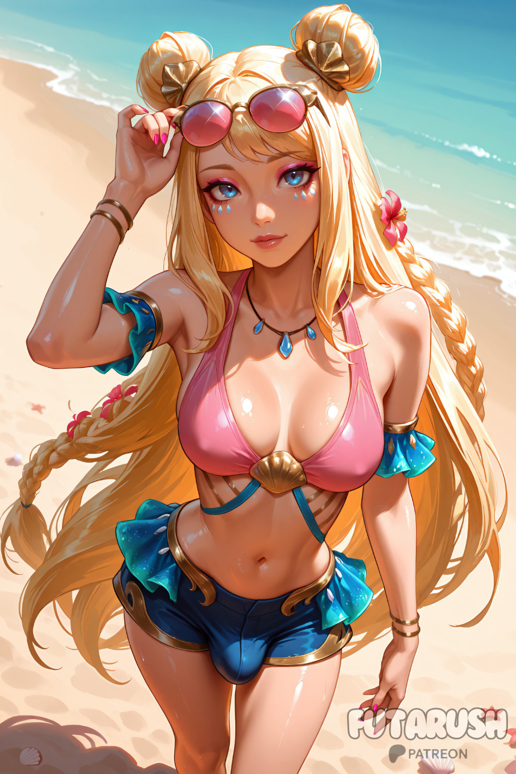 1futa, ai generated, beach, bikini, blonde hair, blue eyes, bracelet, braid, breasts, double bun, eyewear on head, flower, futanari, futarush, hair bun, intersex, jewelry, league of legends, long hair, looking at viewer, nail polish, navel, necklace, ocean song seraphine, patreon, patreon username, pink nails, riot games, seraphine (league of legends), shorts, solo, sultryspark, sunglasses, swimsuit