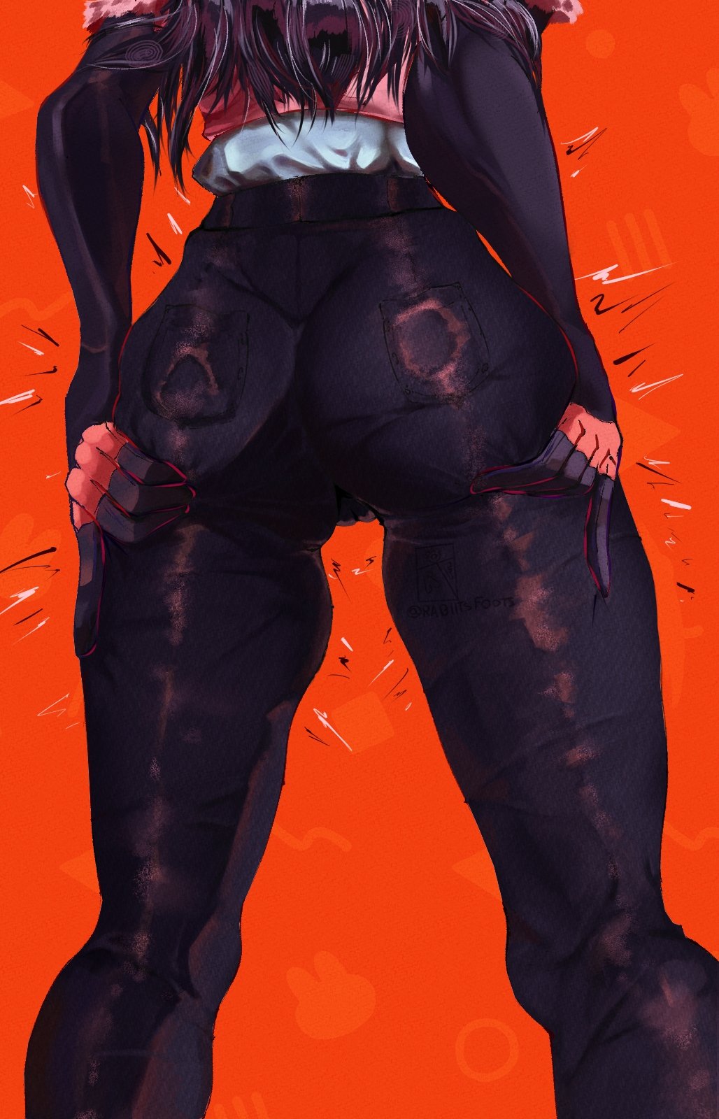 1girls, ass, ass focus, ass grab, big ass, black hair, chainsaw man, demon, demon girl, devil, devil girl, female, grabbing ass, grabbing own ass, heroine, light-skinned female, mitaka asa, rabiitsfoots, tight clothes, tight pants, yoru (chainsaw man)
