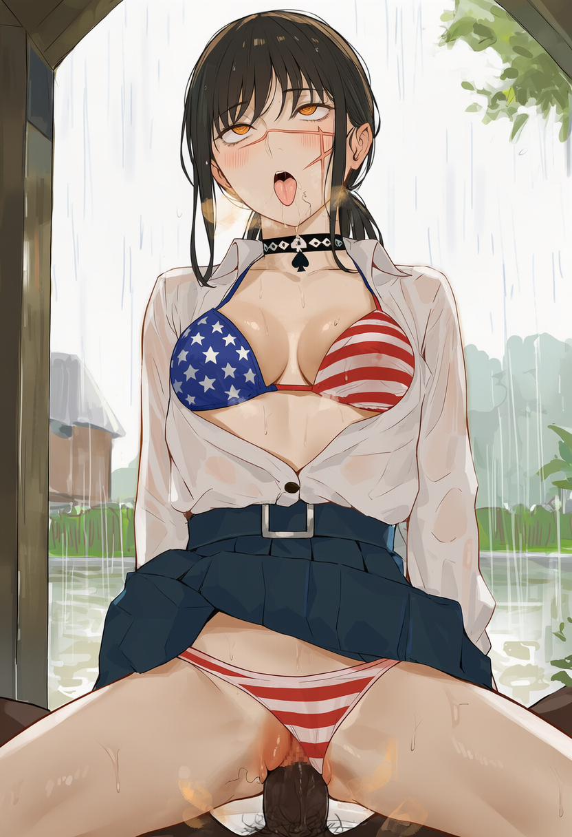 1girls, ai generated, american flag bikini, black hair, chainsaw man, cheating, cheating girlfriend, choker, dark-skinned male, demon, demon girl, devil, devil girl, female, heroine, interracial, japanese female, light-skinned female, mitaka asa, qos, queen of spades, queen of spades symbol, ringed eyes, scar, scar on face, school uniform, schoolgirl, see-through clothing, spiral eyes, straight, wet clothes, yoru (chainsaw man)