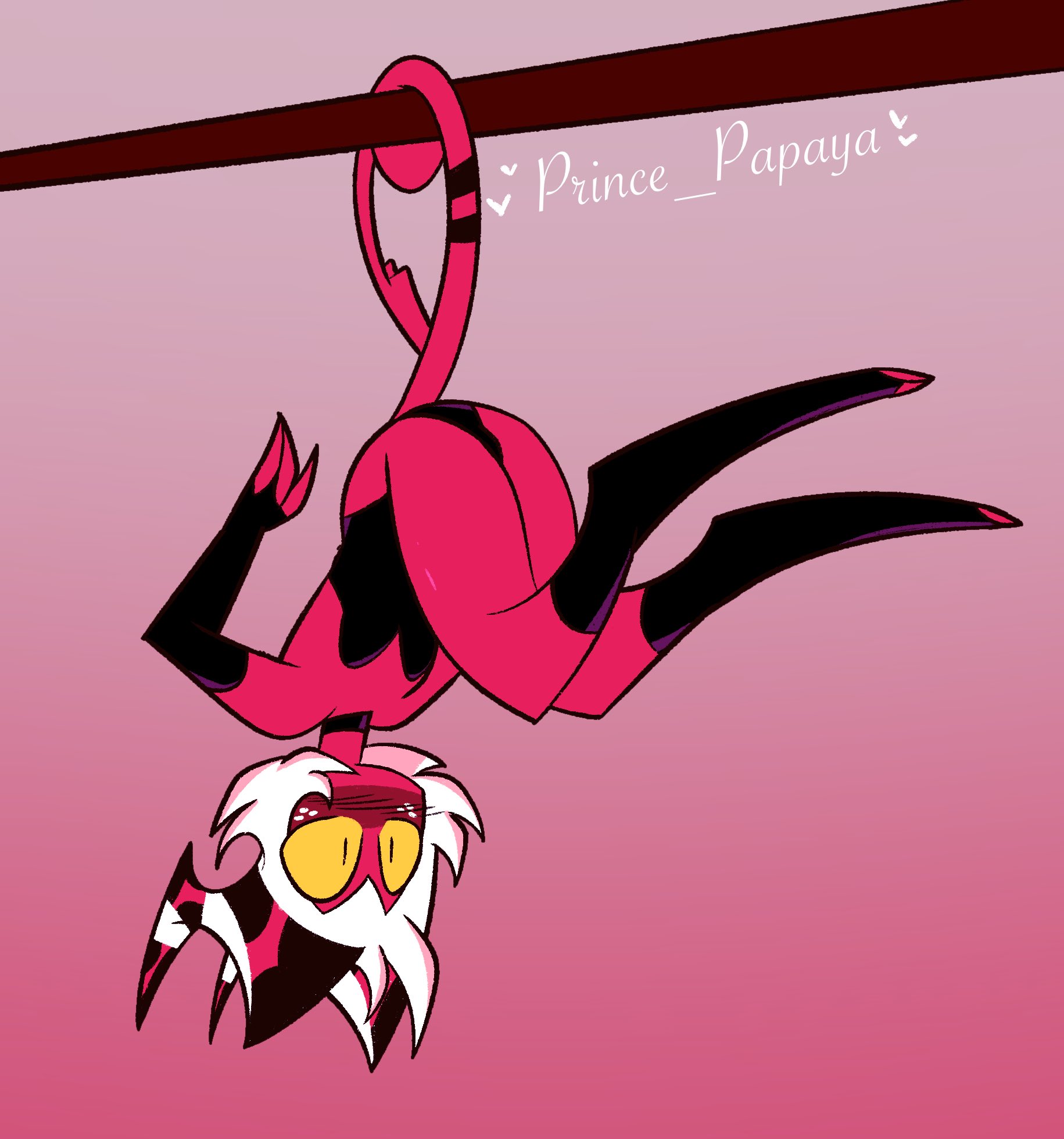 crossdressing, femboy, feminine body, hanging by tail, helluva boss, male, moxxie (helluva boss), prince papaya, submissive male, tagme