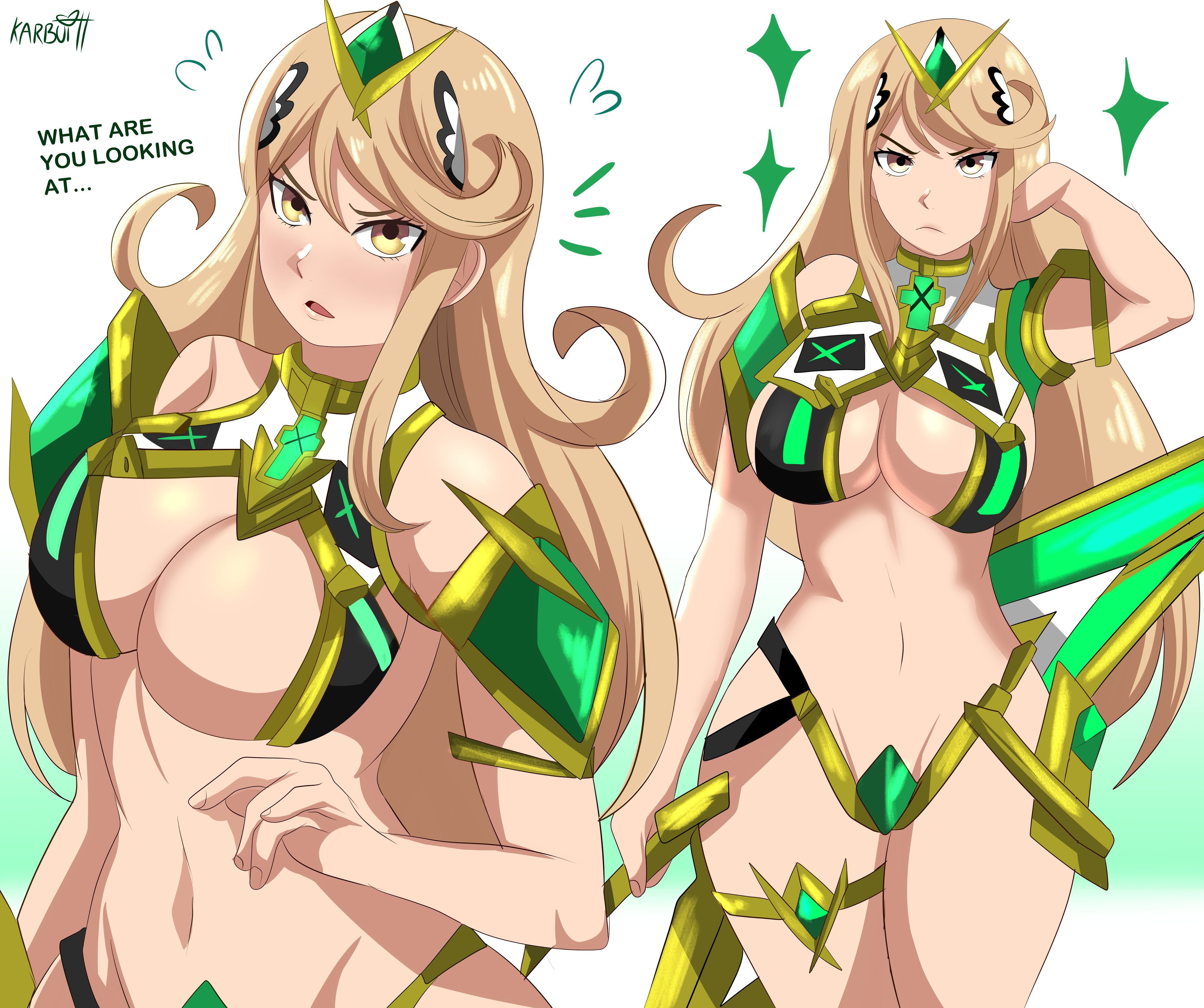 1girls, absurd res, absurd resolution, absurdres, accessory, armor, bare shoulders, big breasts, blonde hair, breast focus, breasts, breasts focus, busty, curvaceous, curvy, curvy female, curvy figure, dialogue, english text, female, female focus, female only, hi res, high resolution, highres, huge breasts, jewelry, karbuitt, large breasts, light skin, light-skinned female, long hair, midriff, monolith soft, mythra, navel, nintendo, shoulder pads, simple background, solo, solo female, solo focus, tagme, text, thick thighs, thighs, tiara, voluptuous, voluptuous female, xenoblade (series), xenoblade chronicles 2, yellow eyes
