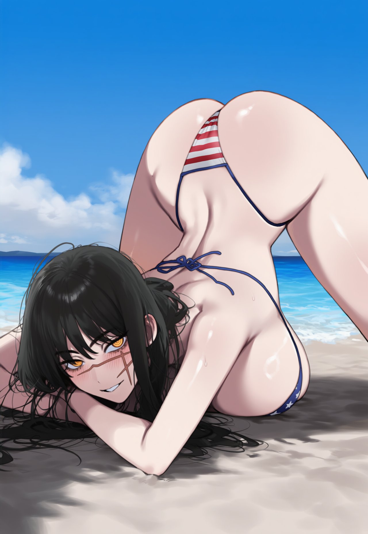 1girls, ai generated, american flag, american flag bikini, black hair, chainsaw man, demon, demon girl, devil, devil girl, face down ass up, female, heroine, japanese female, light-skinned female, mitaka asa, ringed eyes, scar, scar on face, spiral eyes, truck kun, truck-kun art, yoru (chainsaw man)