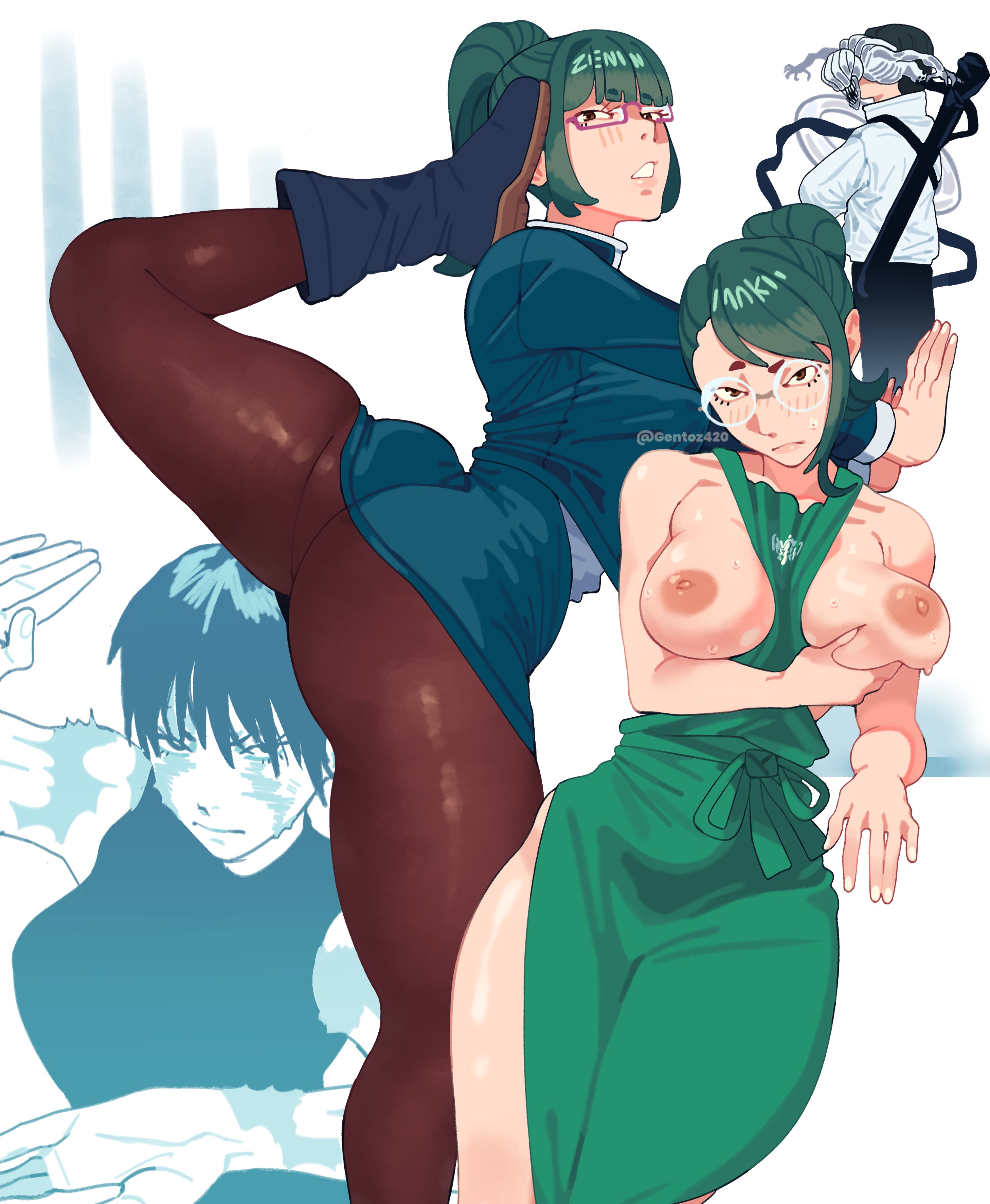 1girls, ass, big ass, black pantyhose, boobs out, breast grab, breasts, breasts out, eyewear, female, female focus, gentoz (artist), grabbing, grabbing own breast, green hair, green-haired female, iced latte with breast milk, jujutsu kaisen, jujutsu tech uniform, orimoto rika, pantyhose, ponytail, posing, sweat, sweatdrop, sweating, thick thighs, thighs, yuta okkotsu, zenin maki