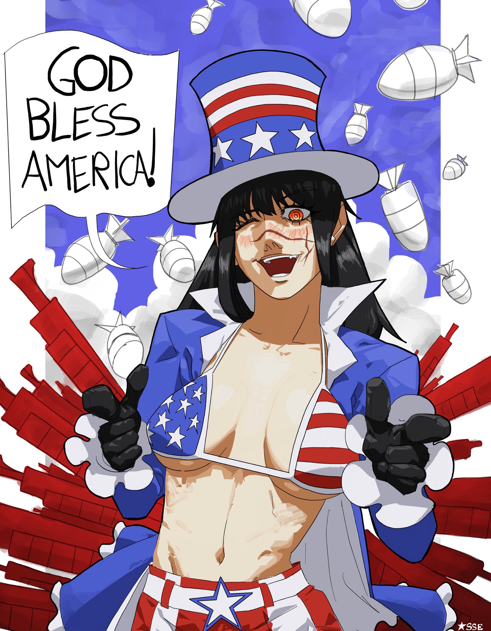 1girls, american flag, american flag bikini, black hair, chainsaw man, demon, demon girl, devil, devil girl, female, heroine, japanese female, light-skinned female, mitaka asa, ringed eyes, scar, scar on face, spiral eyes, yoru (chainsaw man)