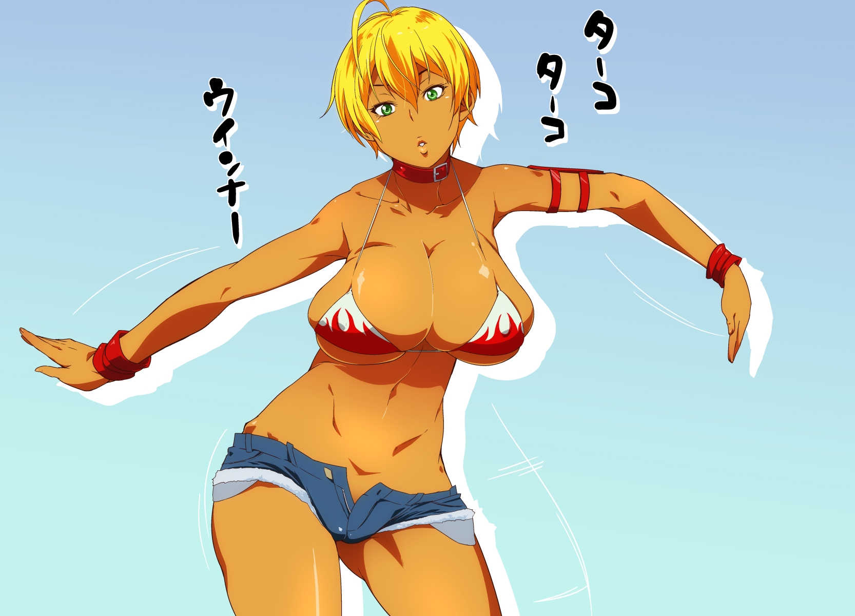 1girls, areolae, artist name, blonde hair, blonde-haired female, breasts, collar, female, green eyes, jiggle, knife, large breasts, looking at viewer, mito ikumi, navel, nipples, nude, one eye closed, pubic hair, pussy, shiny, shiny skin, shokugeki no souma, short hair, solo, sunahara wataru, tanline, wink