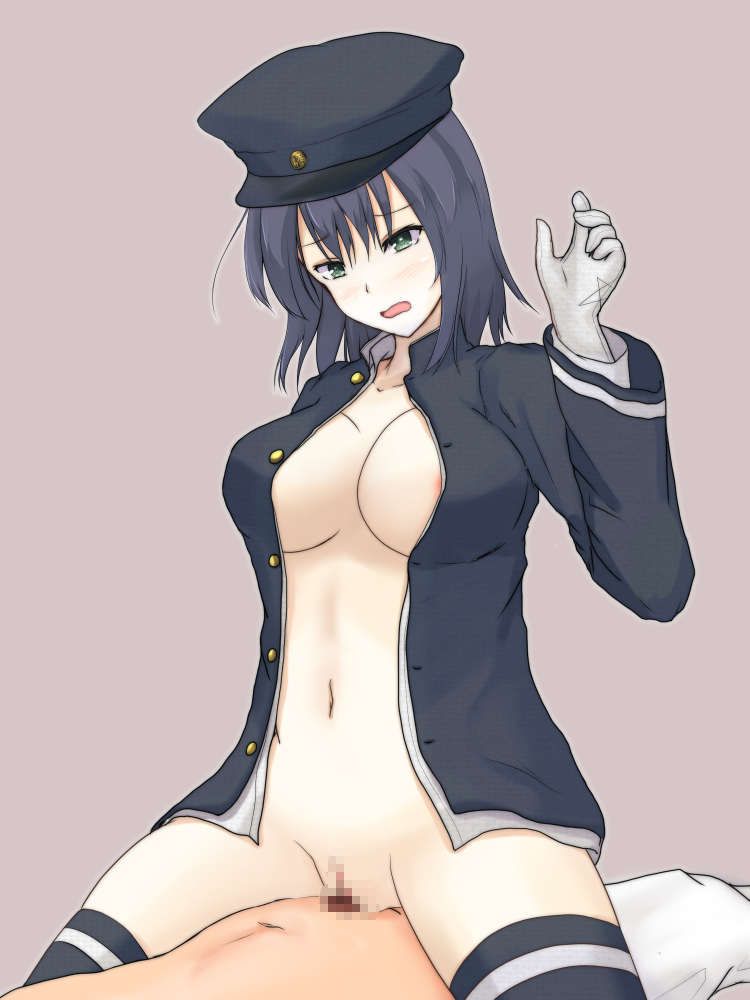 akitsu_maru_(kantai_collection) bai_da black_hair black_legwear bottomless breasts censored cowgirl_position female gloves green_eyes hair hat headgear kantai_collection large_breasts male mosaic_censoring open_clothes open_shirt peaked_cap penetration pussy raised_hand sex shirt short_hair straddling straight thighhighs vaginal_penetration white_gloves