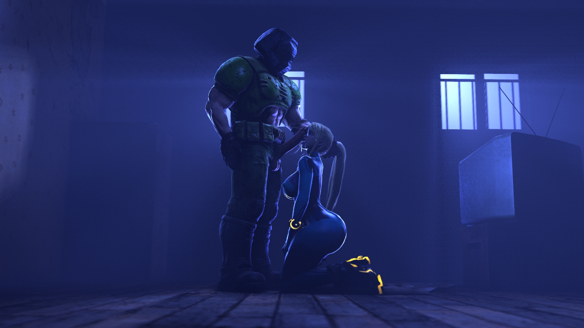 1boy, 1girls, 3d, 3d (artwork), 3d model, 3d render, armored male, bangs, big arms, big ass, big butt, big thighs, blonde female, blonde hair, blowjob, blowjob face, bodysuit, branimation, cum, cum on face, doom, doom slayer (doom), female, from below, helmet with visor, helmeted human, hi res, highres, long blonde hair, male, masked male, metroid, muscular, muscular male, nintendo, ponytail, samus aran, sfm, straight, thick thighs, thigh strap, warehouse, wide hips