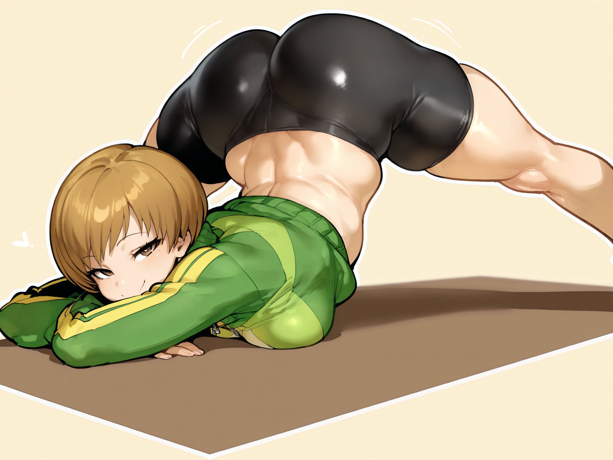 ai generated, athletic female, bare thighs, beige hair, big ass, big breasts, big butt, bike shorts, breasts, brown eyes, fat ass, female, gigantic ass, huge breasts, huge thighs, jack-o pose, light skin, light-skinned female, looking at viewer, massive ass, massive breasts, oatmealdood, oiled body, oiled skin, persona, persona 4, satonaka chie, shin megami tensei, short hair, smiling, solo female, squatting, sweat, sweatdrop, thick body, thick female, thick thighs, thighs, track jacket, track suit, voluptuous, voluptuous female
