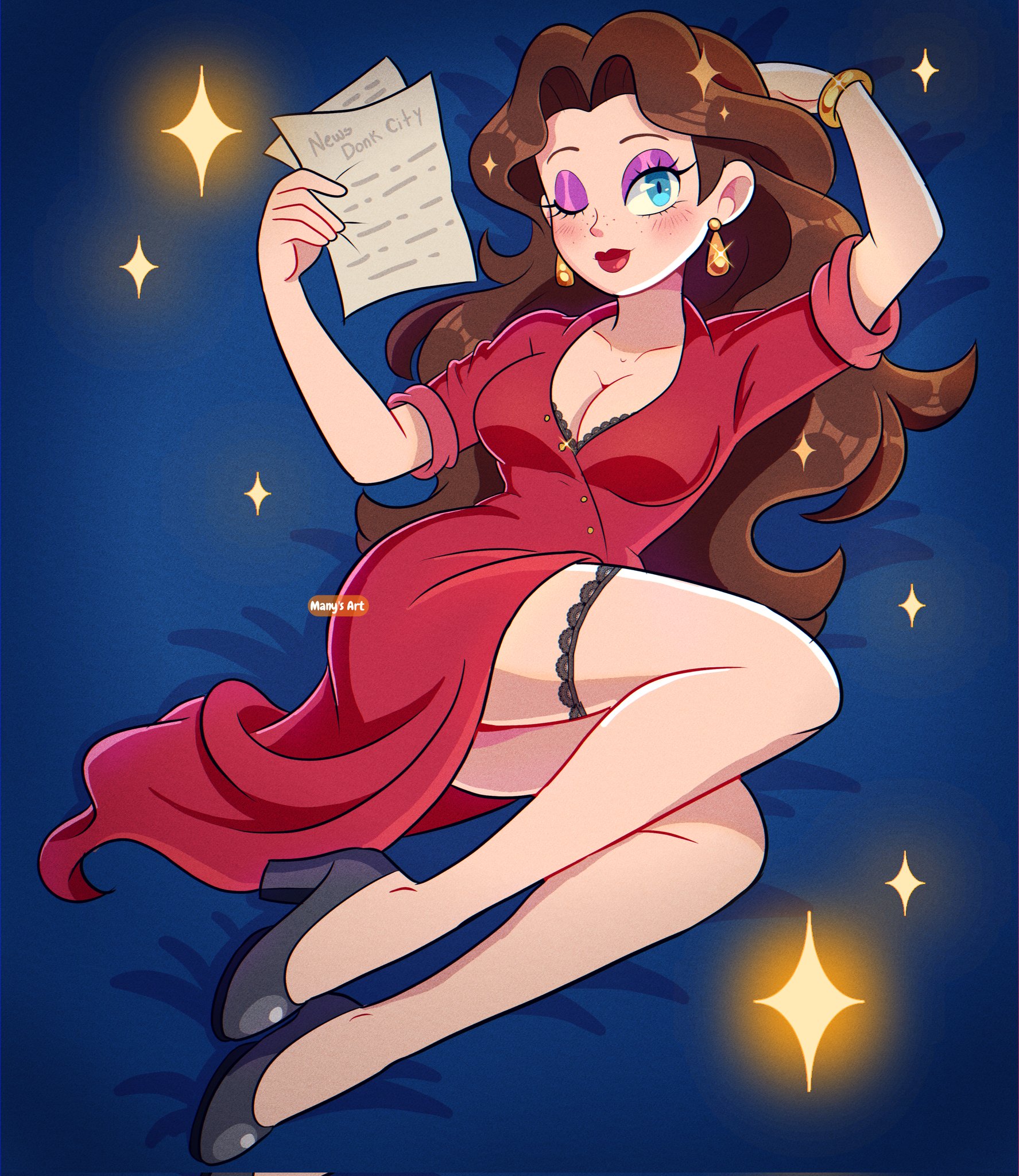 1girls, black bra, bra, bra peek, bracelet, breasts, brown hair, cleavage, dress, earrings, eyeshadow, female, freckles, freckles on face, high heels, large breasts, lipstick, long hair, looking at viewer, manys art, mario (series), nintendo, one eye closed, pauline, purple eyeshadow, red dress, red lipstick, super mario odyssey, wink, winking at viewer