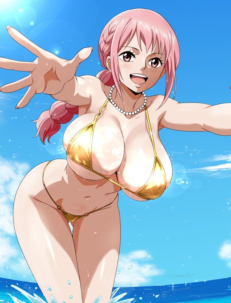 1girls, bare arms, bare shoulders, beach, big breasts, bikini, breasts, cleavage, curvy, dashigara 100, female, female human, female only, fit female, hourglass figure, huge breasts, human, large breasts, light-skinned female, long hair, micro bikini, minpei ichigo, navel, one piece, pink eyes, pink hair, pink-haired female, rebecca (one piece), revealing clothes, skimpy clothes, slim waist, solo, stomach, swimsuit, teenage female, teenager, water, wide hips
