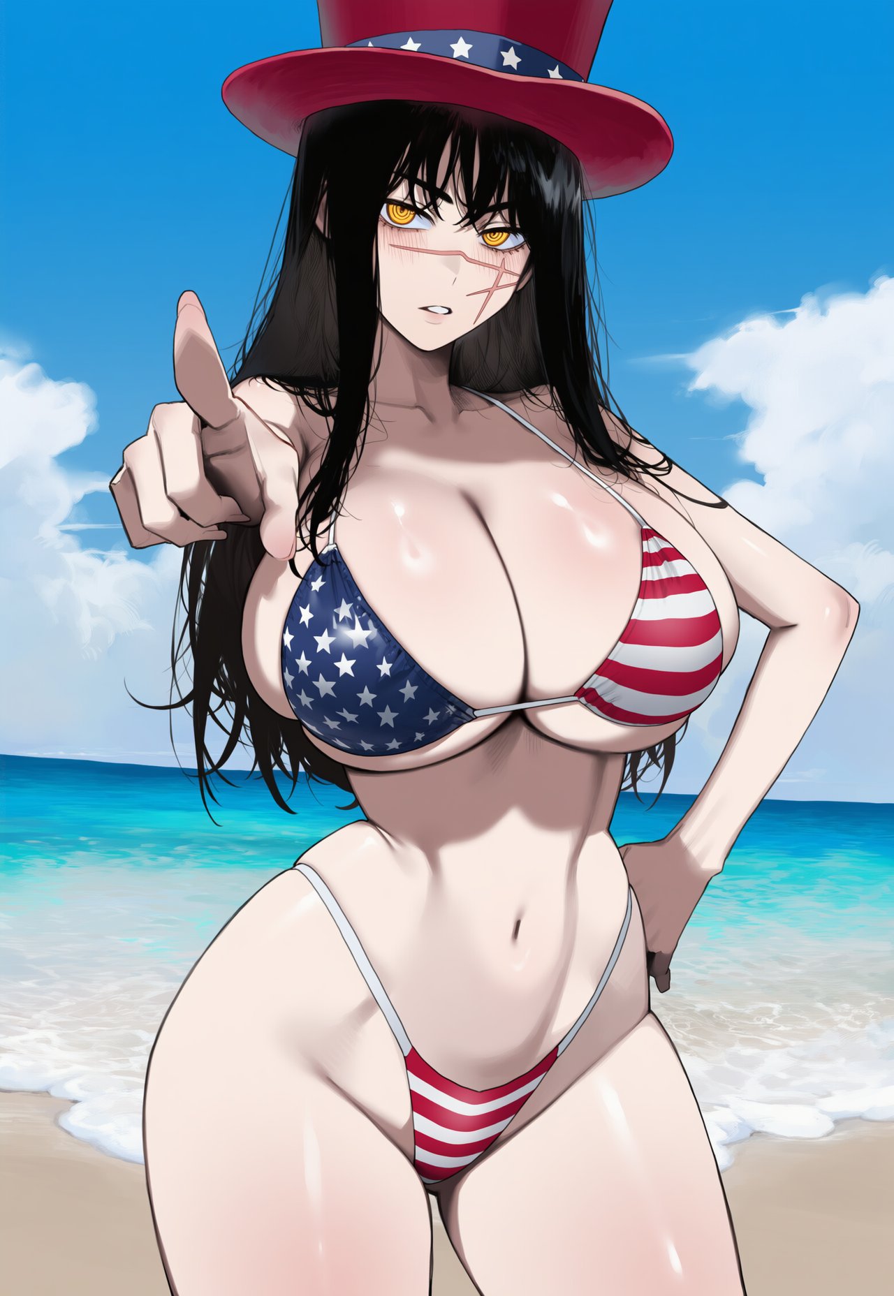 1girls, ai generated, american flag, american flag bikini, black hair, chainsaw man, demon, demon girl, devil, devil girl, female, heroine, japanese female, light-skinned female, mitaka asa, ringed eyes, scar, scar on face, spiral eyes, truck kun, truck-kun art, yoru (chainsaw man)