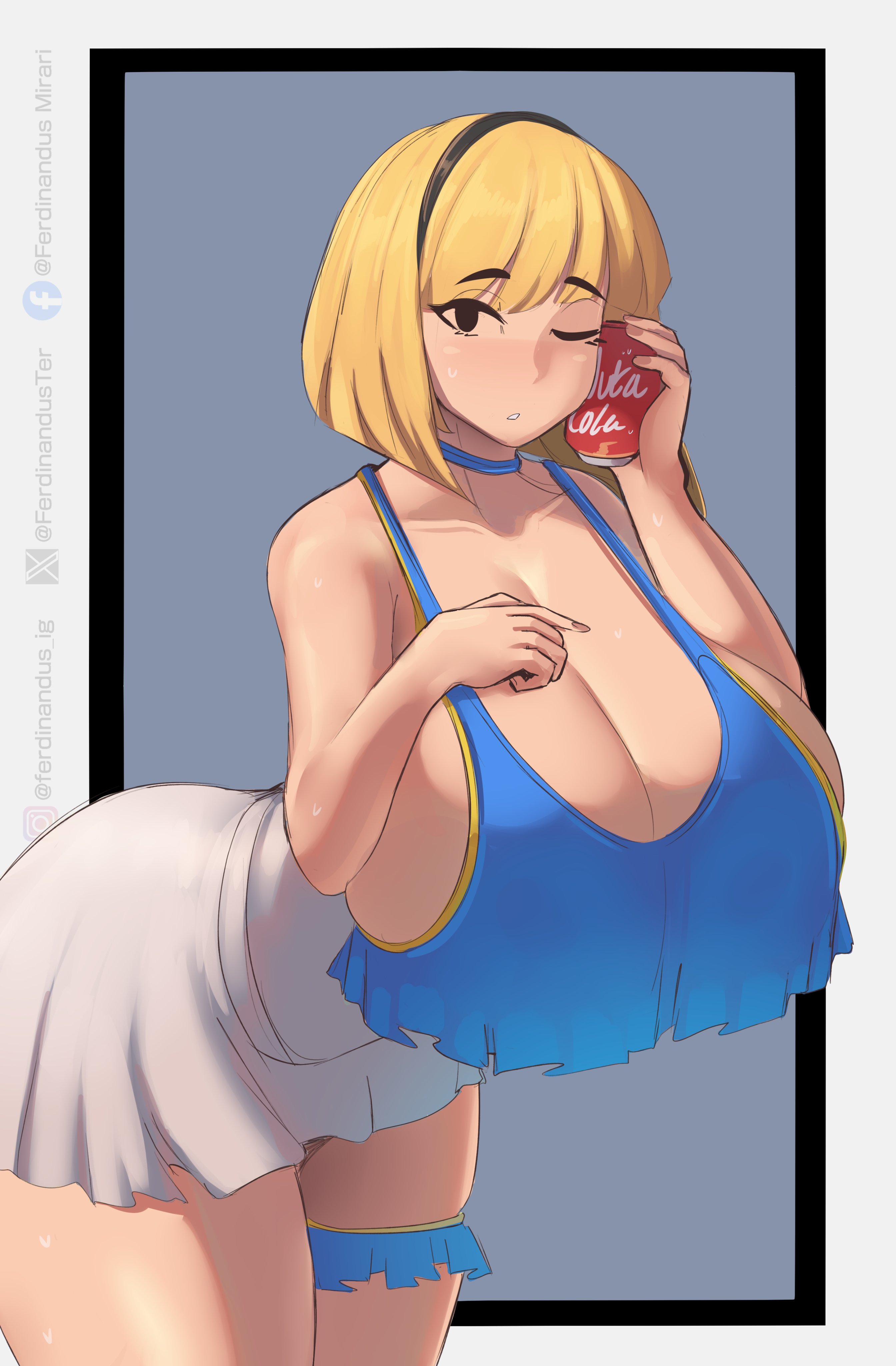 1girls, breasts, fallout, female, female focus, female only, ferdinandus, huge breasts, large breasts, light skin, light-skinned female, looking at viewer, mob face, skirt, solo, thick thighs, thighs, vault girl, wide hips