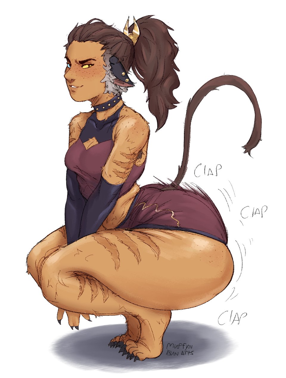 1girls, 2025, animal ears, arched back, armpit hair, arms between legs, artist name, ass, ass bigger than head, ass clapping, ass jiggle, ass shake, barefoot, big ass, blue sclera, body hair, booty shorts, bottom heavy, breasts, brown body, brown fur, brown hair, cat ears, catra, choker, claws, cleavage, cleavage cutout, clothed, clothed female, clothing, crouching, ear piercing, felid, feline, feline humanoid, female, finger claws, freckles, freckles on ass, freckles on face, freckles on shoulders, fully clothed, fur, hair, heterochromia, huge ass, humanoid, jiggle, jiggling ass, large ass, legs together, long hair, looking at viewer, markings, midriff, motion lines, muffynbunarts, netflix, piercing, ponytail, scar, she-ra and the princesses of power, short shorts, shorts, side view, signature, simple background, skindentation, small breasts, smile, smiling, smiling at viewer, solo, squatting, tail, thick thighs, thighs, tiptoes, toe claws, twerking, white background, wide hips, yellow sclera
