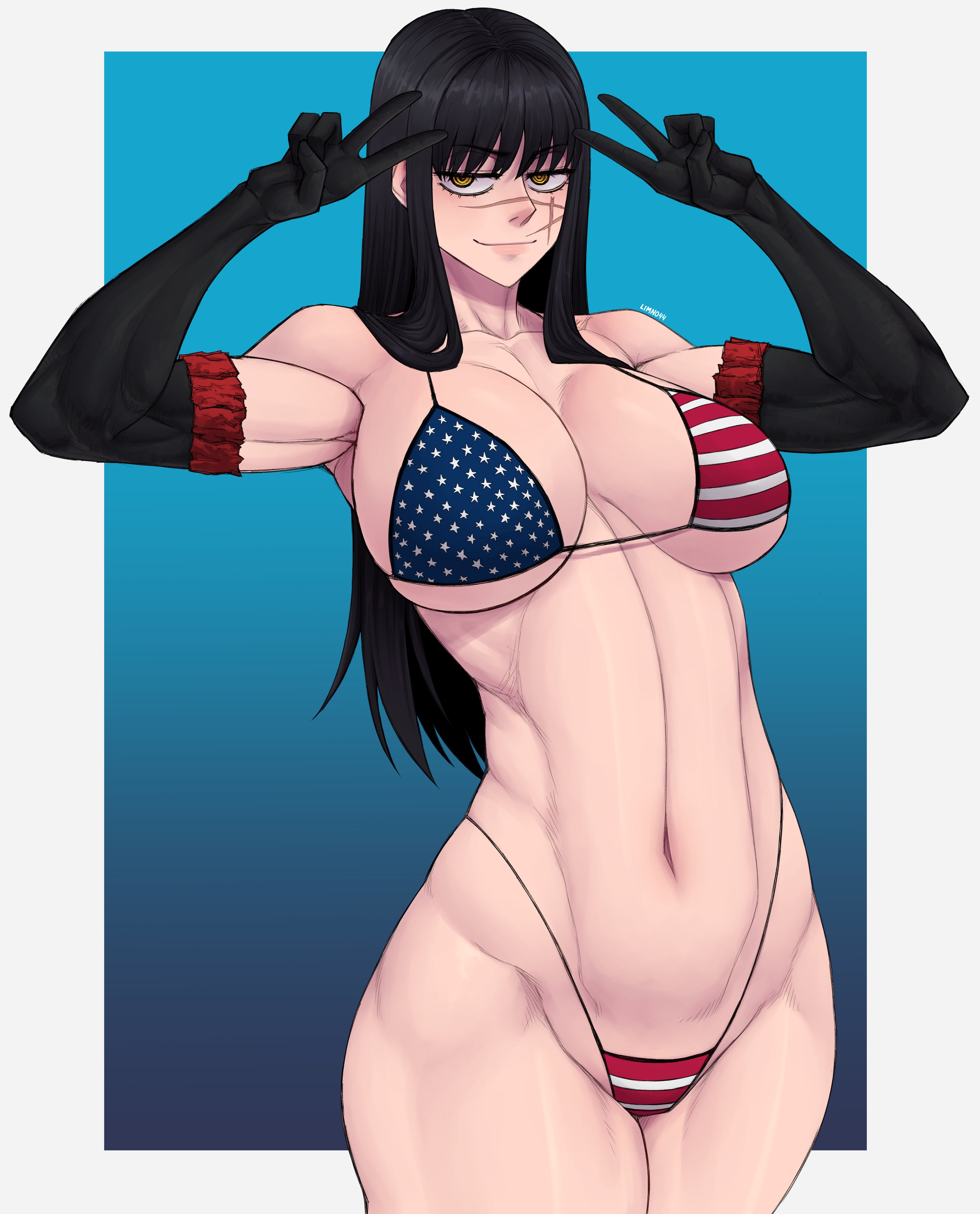 1girls, american flag, american flag bikini, black hair, chainsaw man, demon, demon girl, devil, devil girl, double peace sign, double v, female, heroine, japanese female, light-skinned female, limn, limn044, mitaka asa, peace sign, ringed eyes, scar, scar on face, spiral eyes, v sign, yoru (chainsaw man)