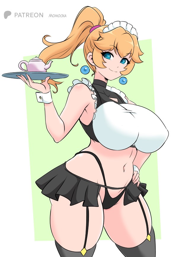 1girls, big ass, big breasts, big butt, big titties, blonde hair, blue eyes, breasts, busty, clothing, curvaceous, curvaceous figure, curvy, curvy figure, curvy hips, earrings, female, female only, large breasts, legs, long hair, looking at viewer, maid, maid headdress, maid uniform, mario (series), momocka art, navel, nintendo, pink bikini, ponytail, princess peach, revealing clothes, sarong, skimpy clothes, slim waist, smile, thick thighs, thighs, uniform, voluptuous