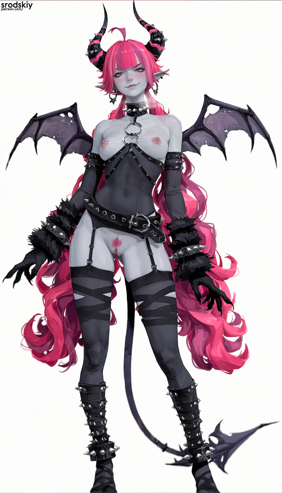 1girls, afk (series), afk journey, ai generated, blush, breasts, claws, collar, colored skin, cute, demon girl, demon horns, demon tail, demon wings, demoness, elf, elf ears, elf female, elf girl, feet, female, female only, first person view, front view, full body, hairy pussy, hi res, hips, horns, horny, horny expression, horny female, kulu (afk), lips, lipstick, long hair, looking at viewer, naked, nipples, petite, petite body, petite breasts, petite female, pink hair, pov eye contact, pubic hair, pussy, sexy, sexy pose, small breasts, smirk, soft breasts, solo, solo female, solo focus, srodskiy, standing, stockings, succubus, succubus wings, teenage female, teenager, thighs, thin female, thin waist, tiny waist, twintails, uncensored, vulgar, young, young female, younger female